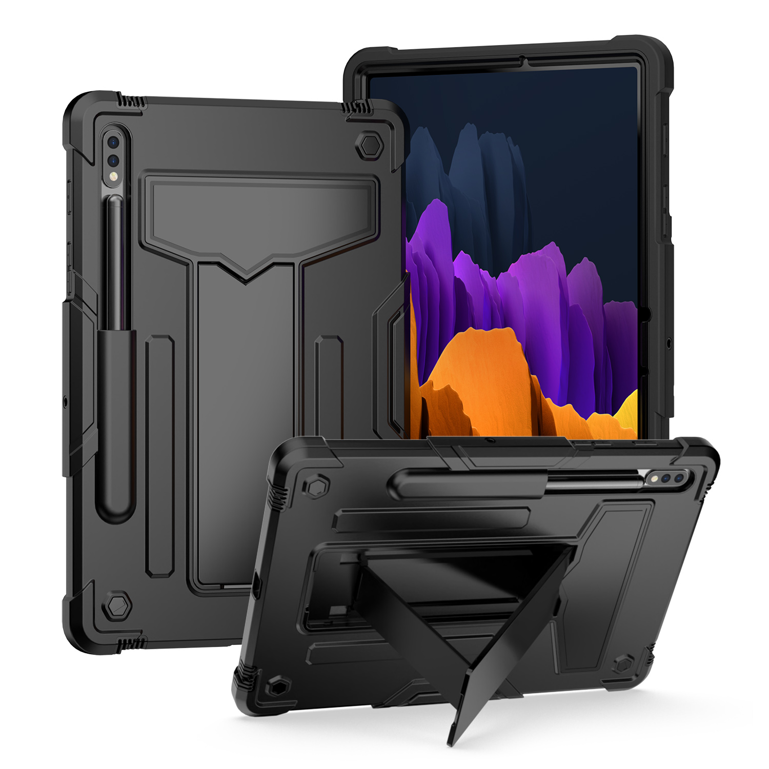 for samsung galaxy tab s9 / s9fe / s10fe tablet vertical 3in1 tough hybrid kickstand black/black