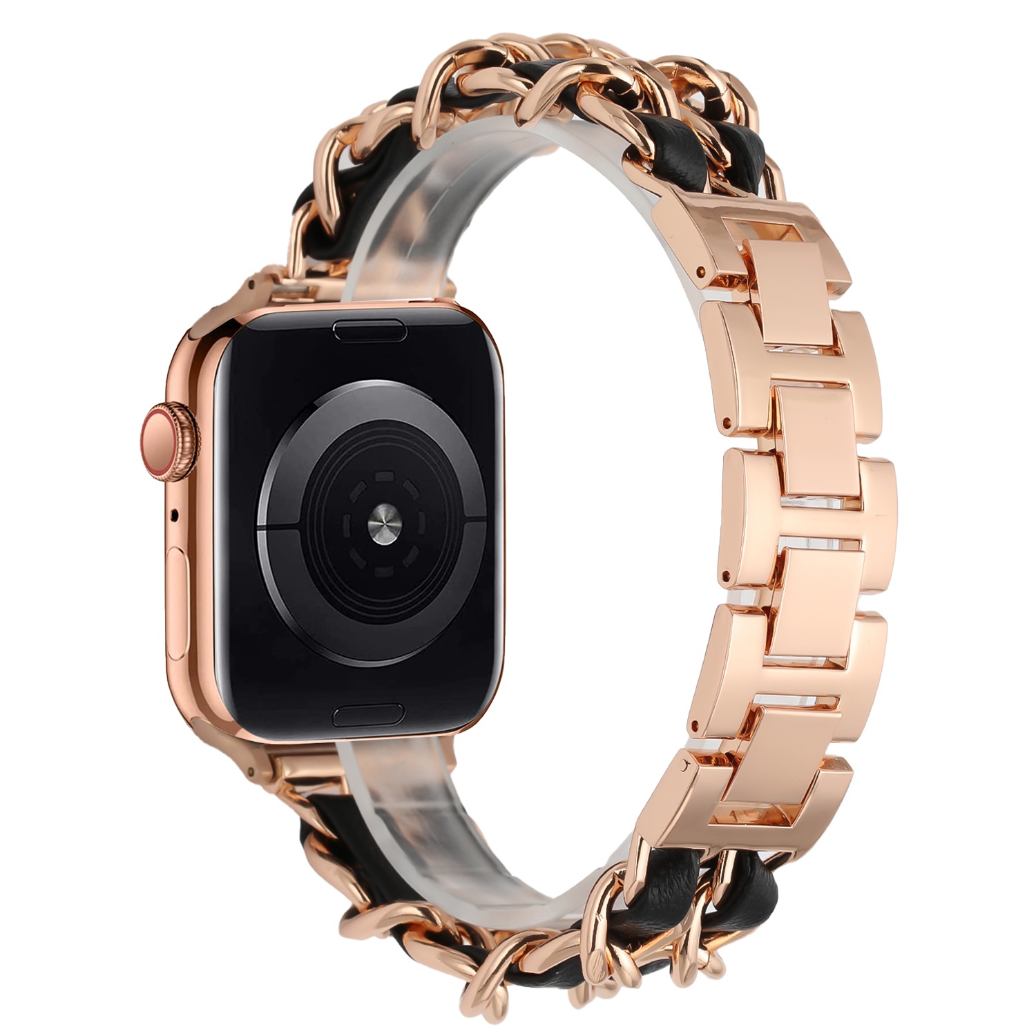for apple watch size 38/40/41mm beautiful zinc alloy leather watch band rose gold+black