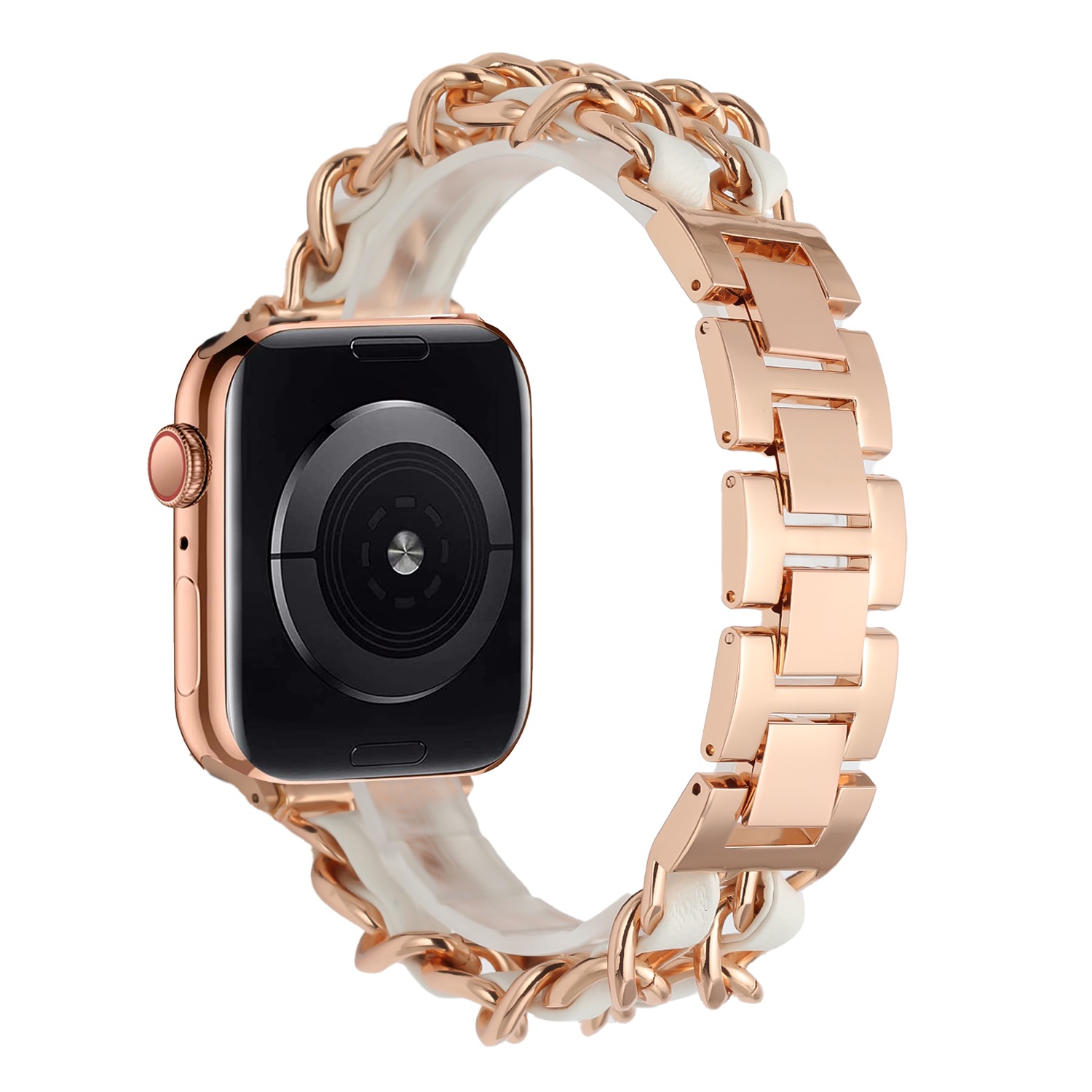 for apple watch size 38/40/41mm beautiful zinc alloy leather watch band rose gold+white