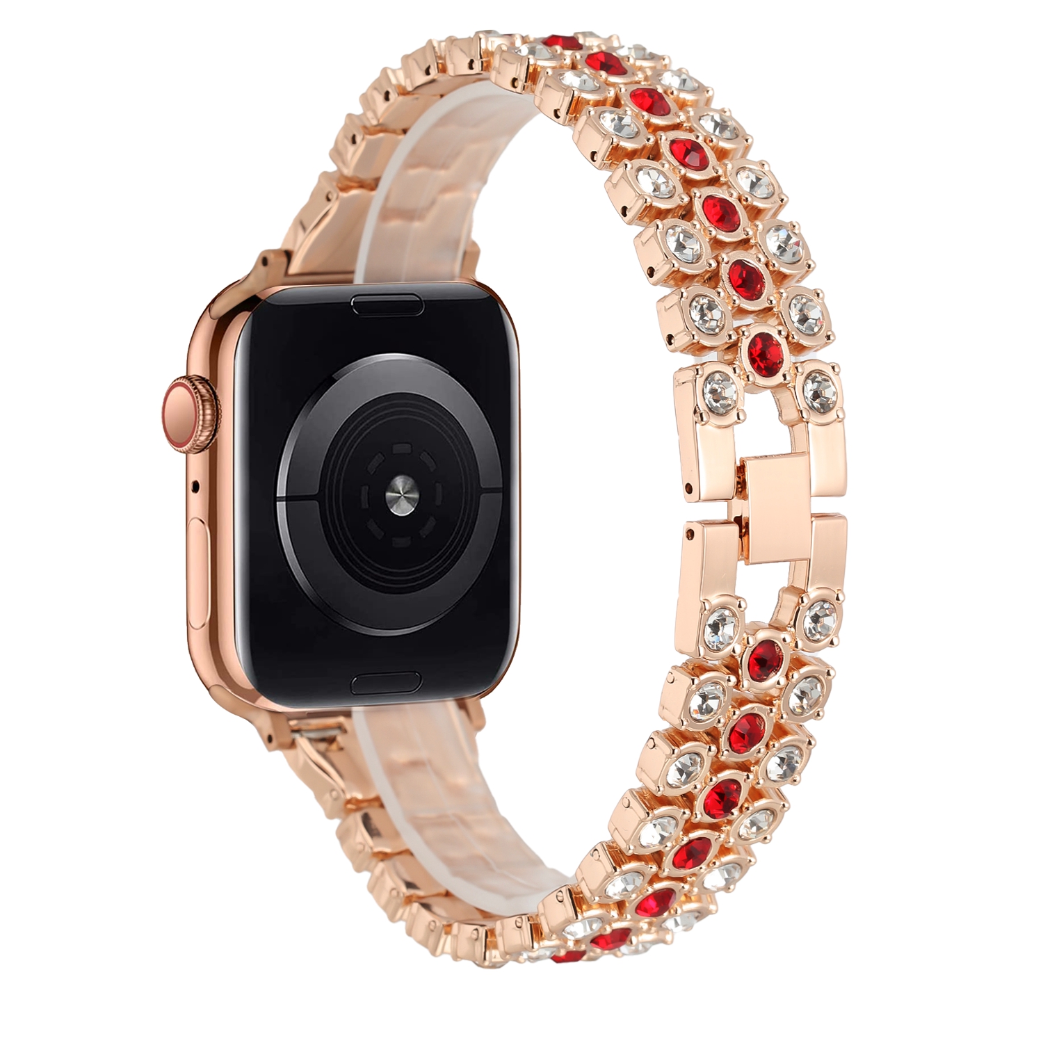 for apple watch size ultra 49/42/44/45mm chrome diamond watch band gold/red