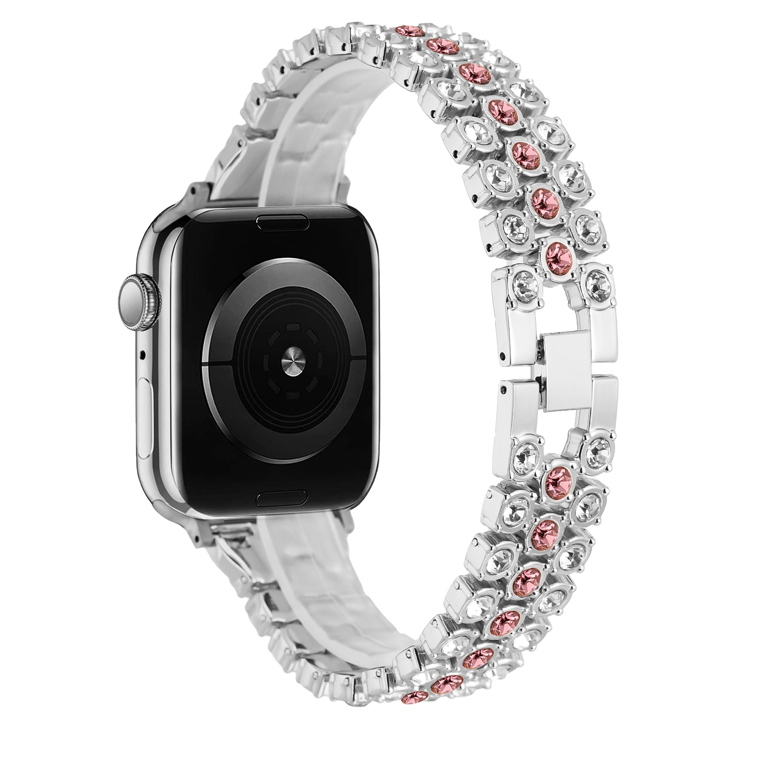 for apple watch size 38/40/41mm chrome diamond watch band silver/pink