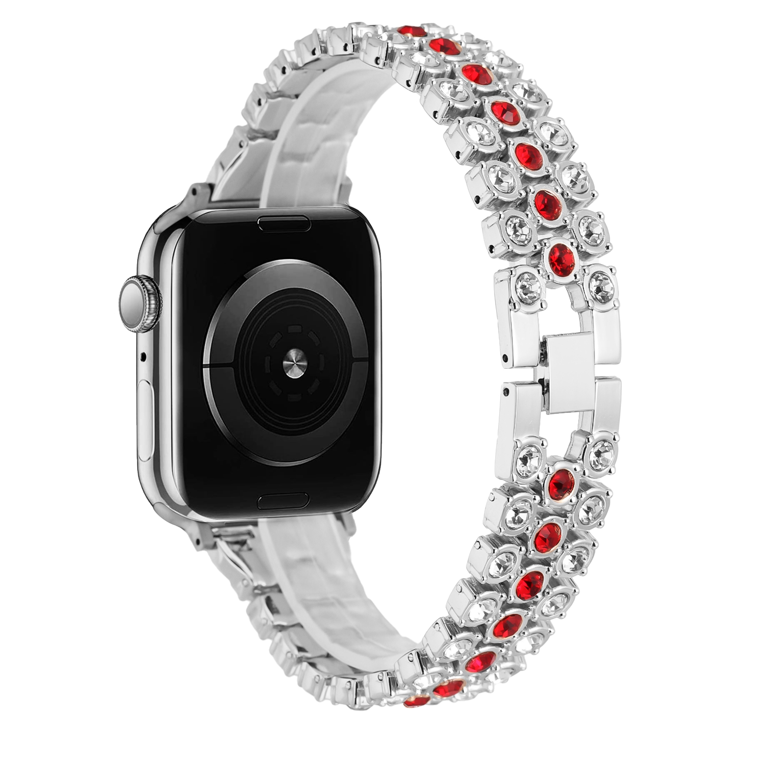 for apple watch size 38/40/41mm chrome diamond watch band silver/red