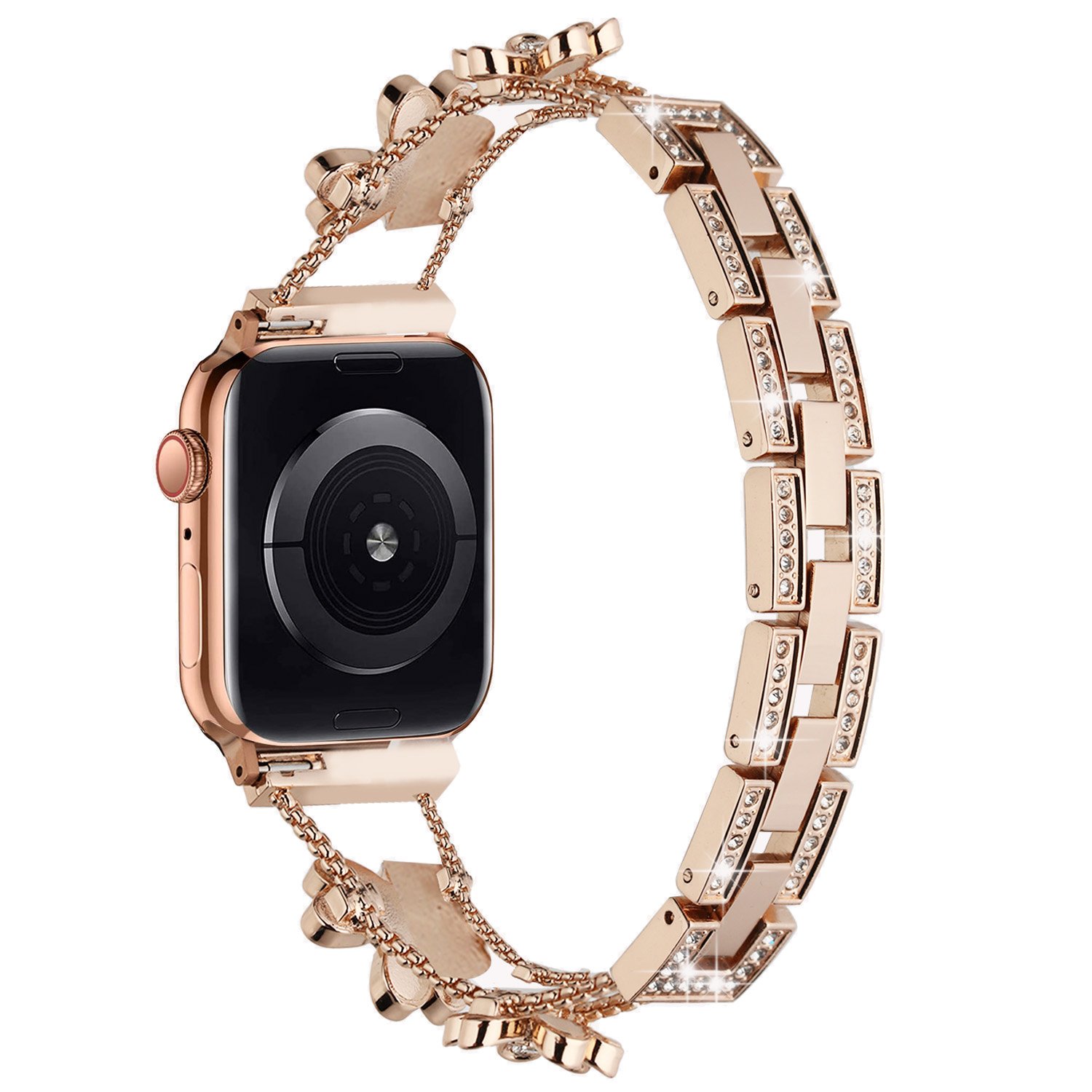 for apple watch size ultra 49/42/44/45mm floral diamond zinc alloy watch band rose gold