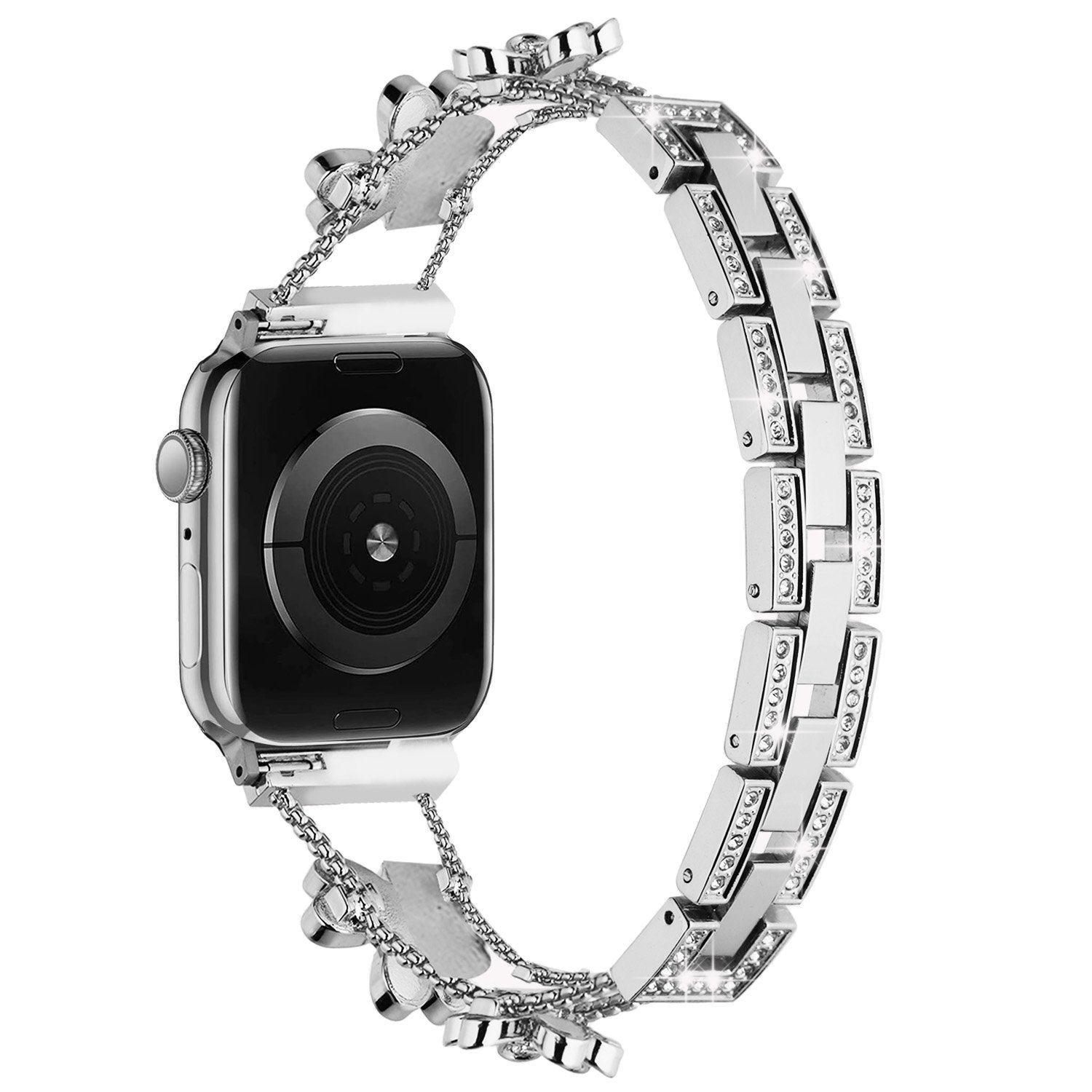 for apple watch size ultra 49/42/44/45mm floral diamond zinc alloy watch band silver