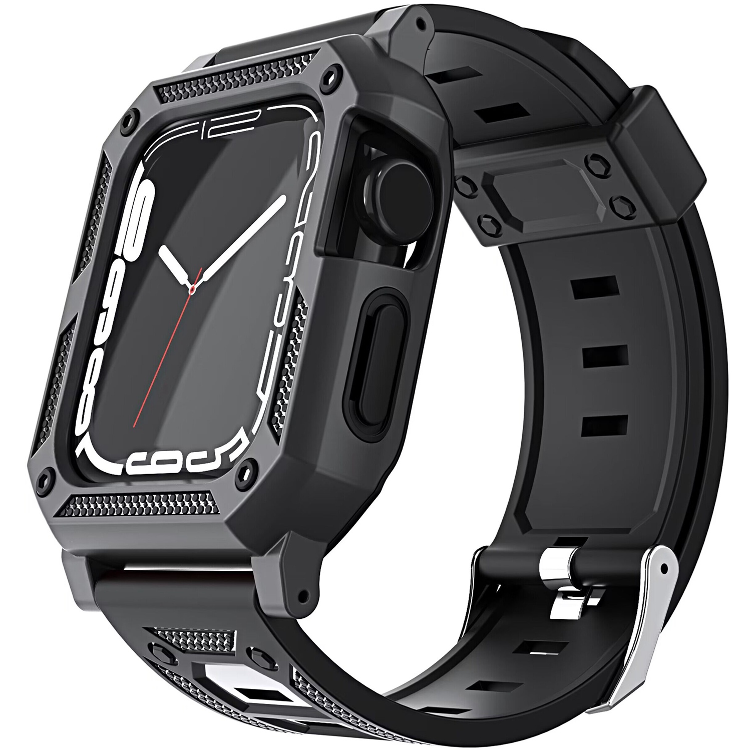 for apple watch size 42/44/45mm ultra 49mm full protection tough hybrid watch case + band black
