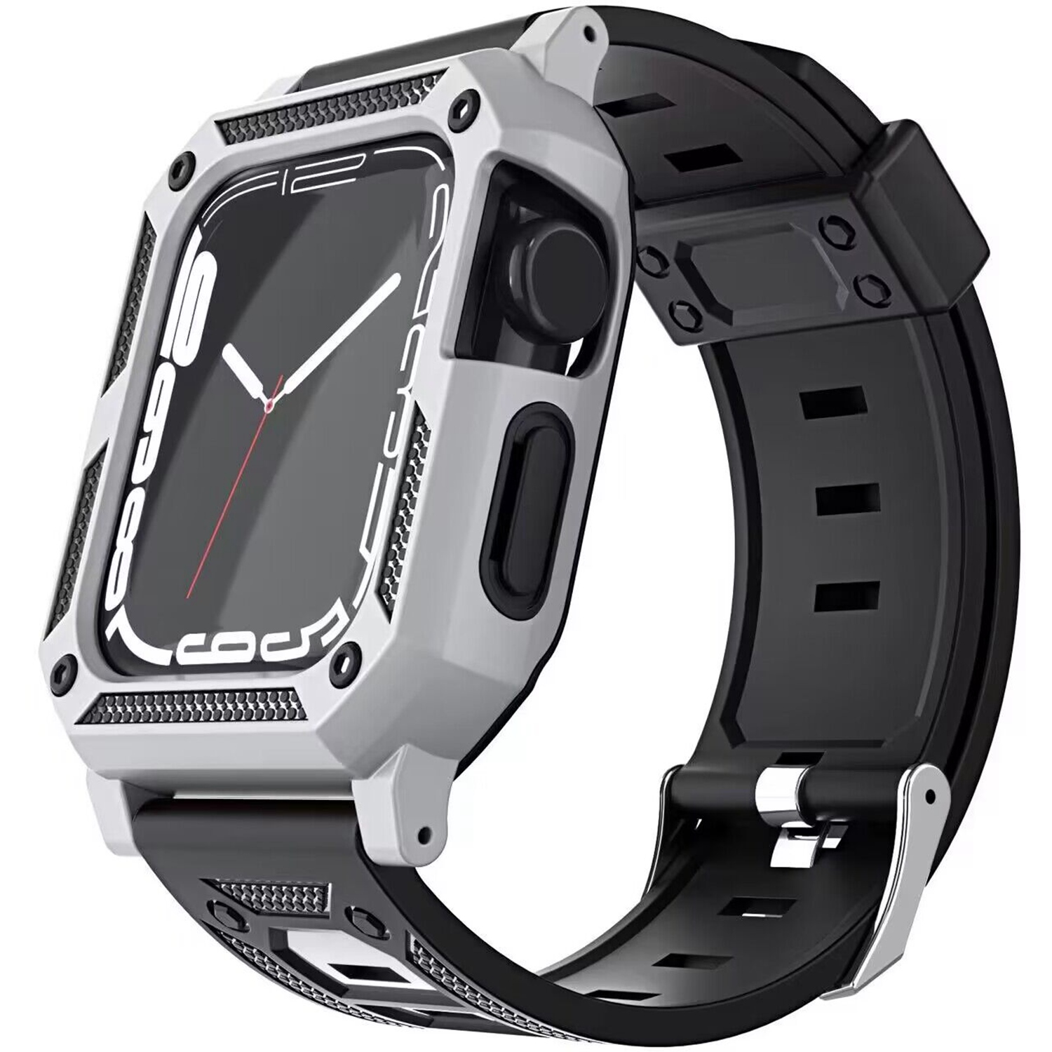 for apple watch size 42/44/45mm ultra 49mm full protection tough hybrid watch case + band silver