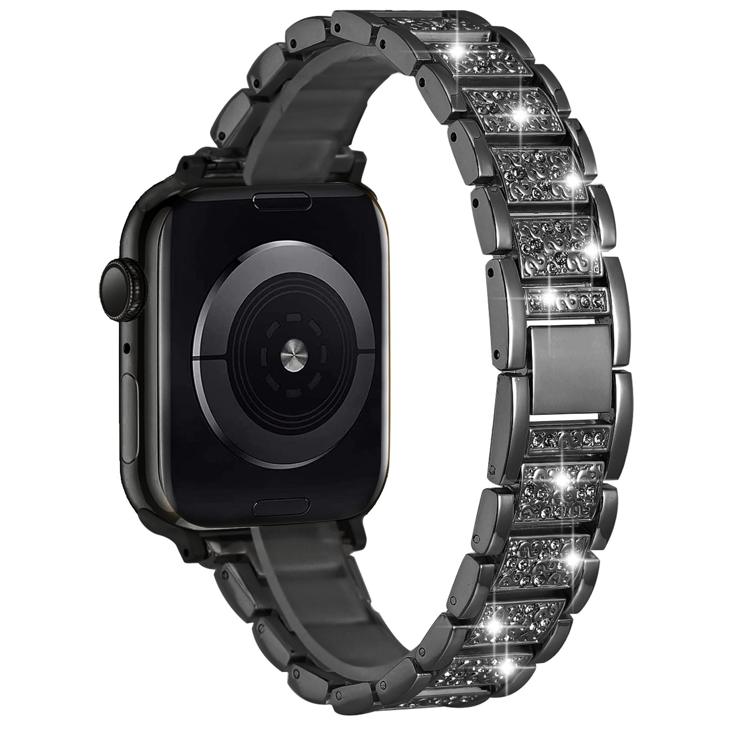 for apple watch size ultra 49/42/44/45mm gem diamond bling zinc alloy watch band black