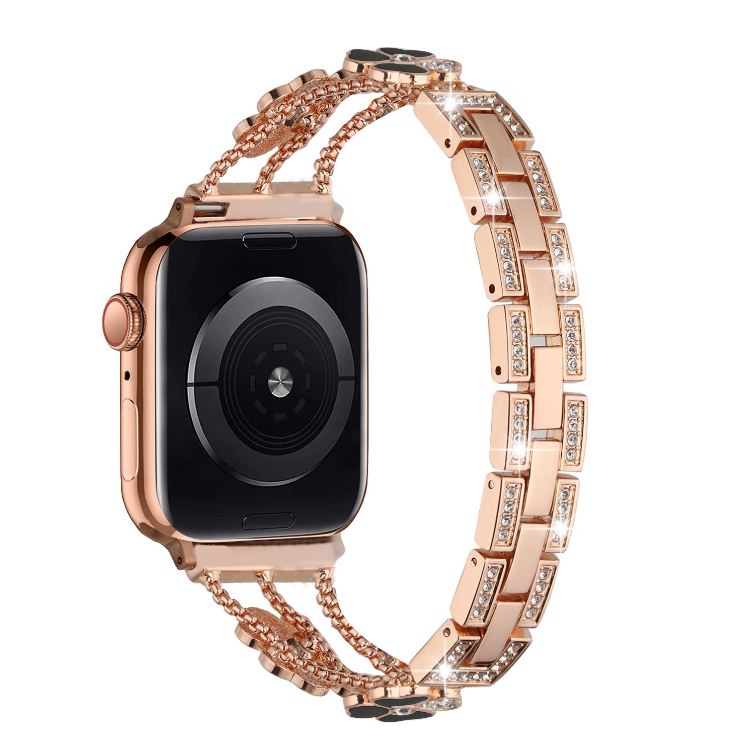 for apple watch size 38/40/41mm heart diamond zinc alloy watch band rose gold+black heart accessory