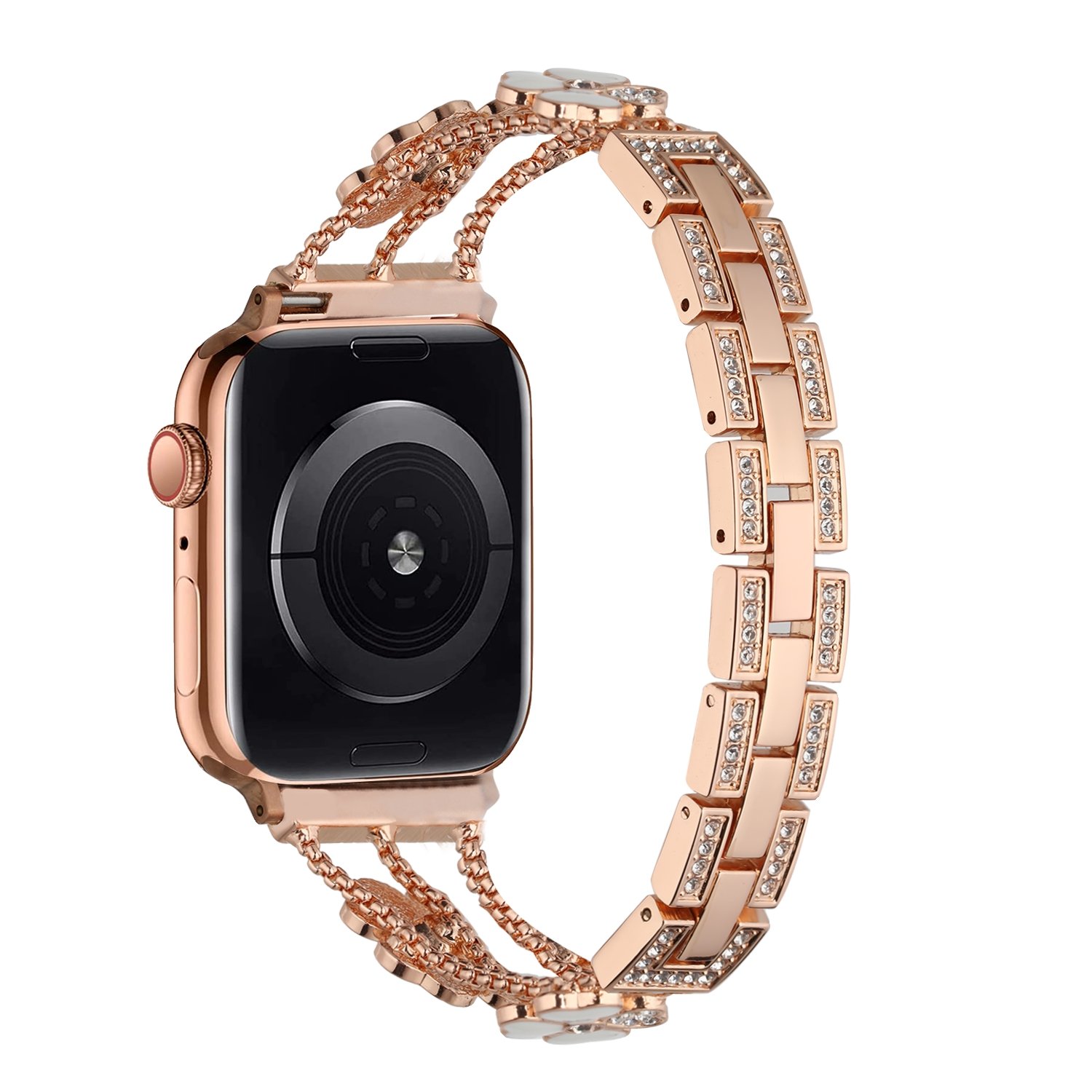 for apple watch size 38/40/41mm heart diamond zinc alloy watch band rose gold+white heart accessory