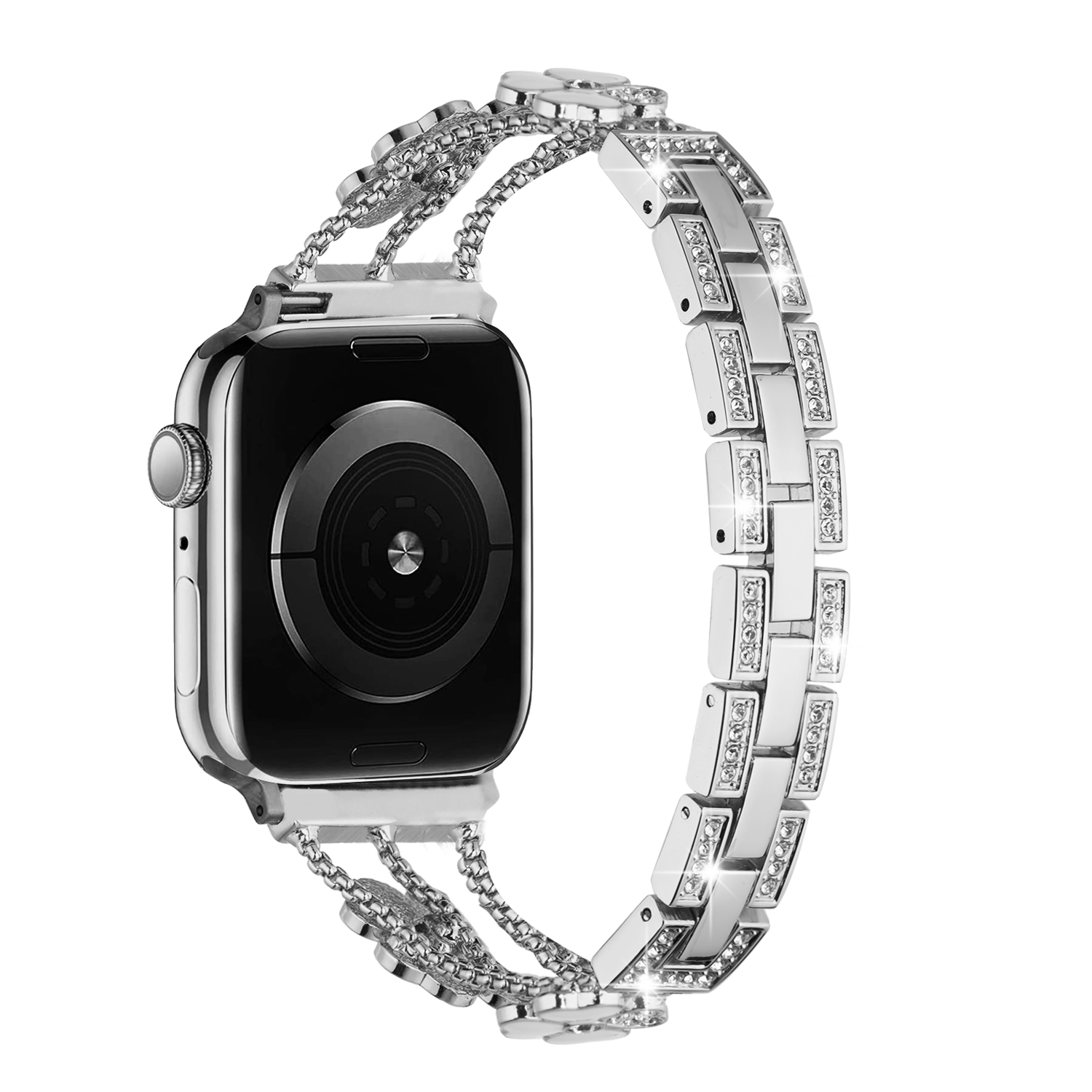 for apple watch size ultra 49/42/44/45mm heart diamond zinc alloy watch band silver+white heart accessory