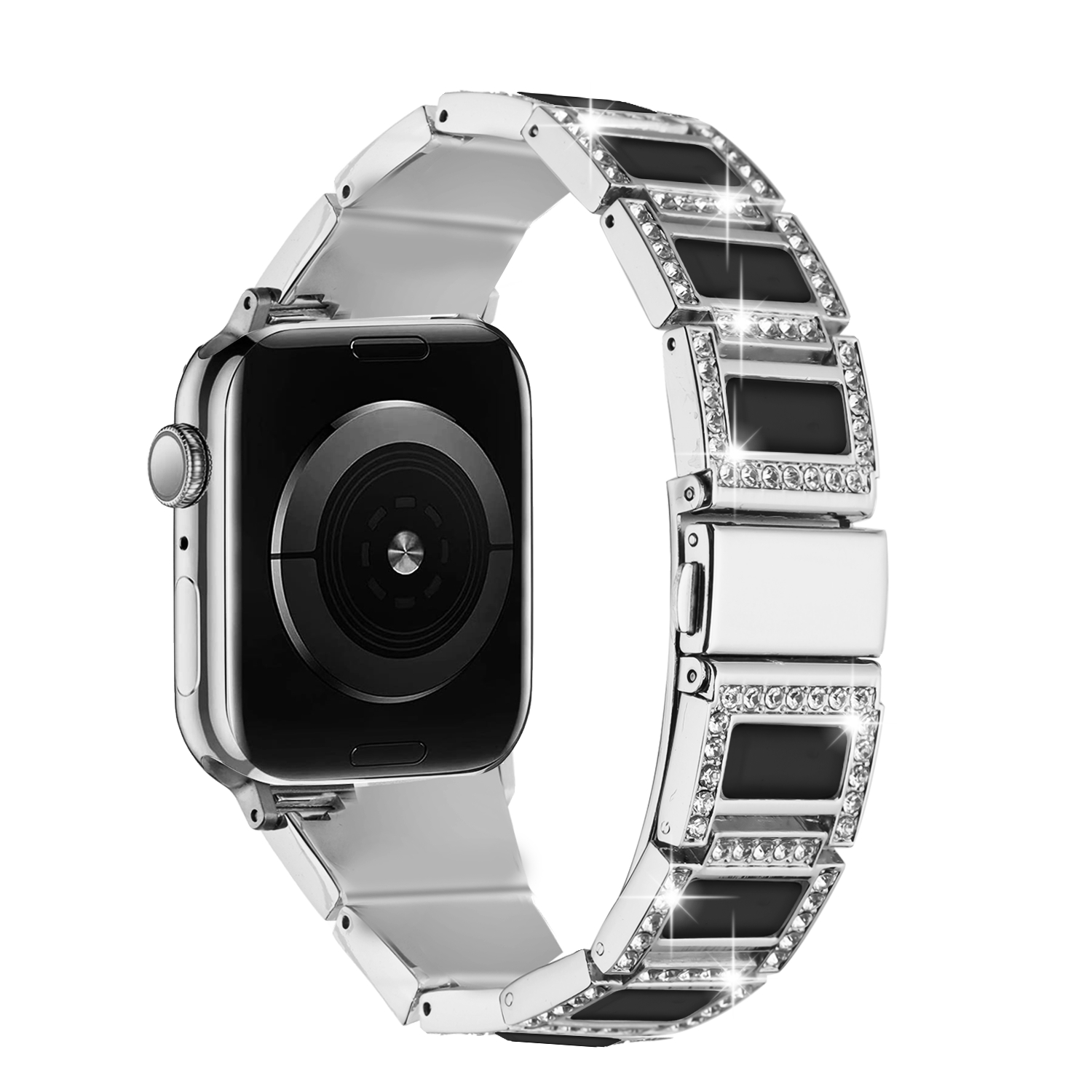 for apple watch size 42/44/45mm jewel diamond bling zinc alloy watch band silver+black