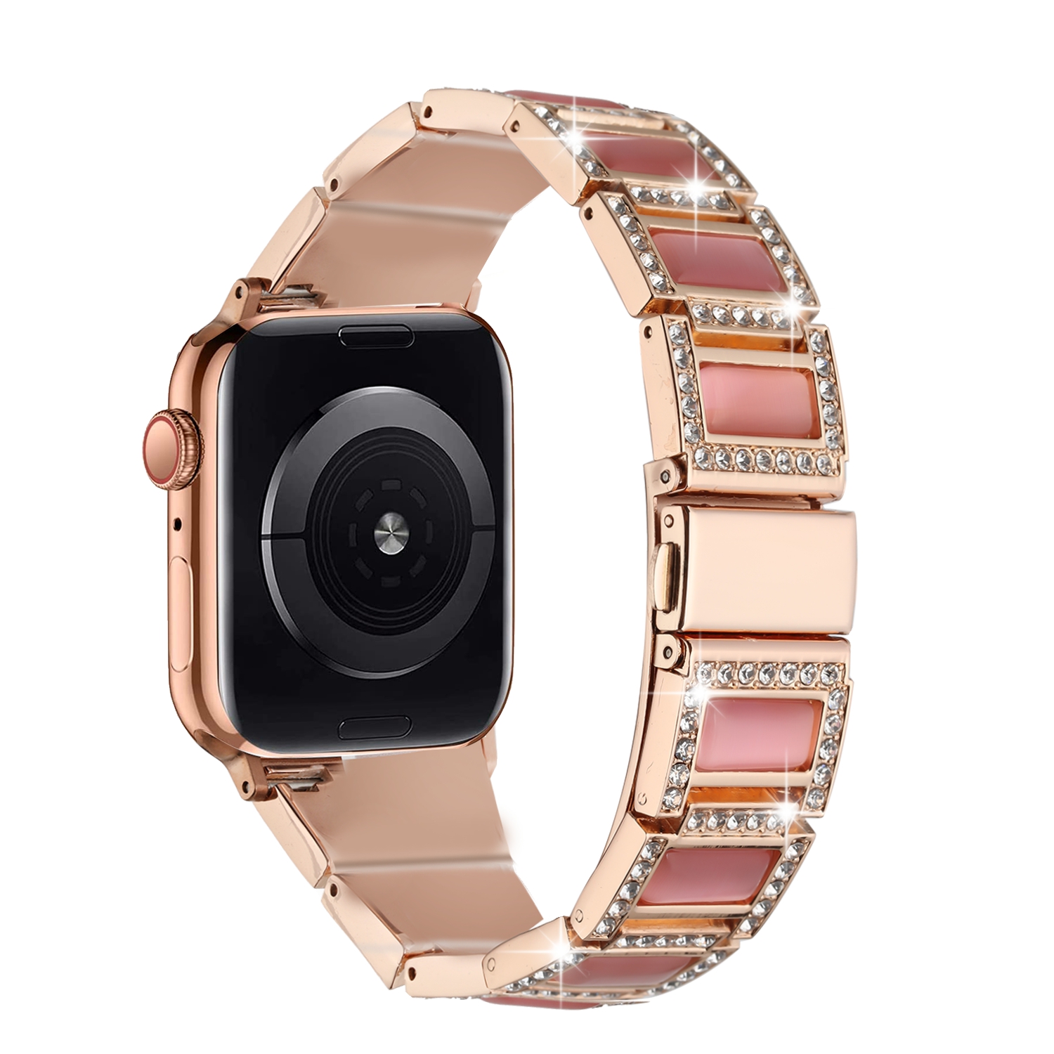 for apple watch size 42/44/45mm jewel diamond bling zinc alloy watch band rose gold+pink