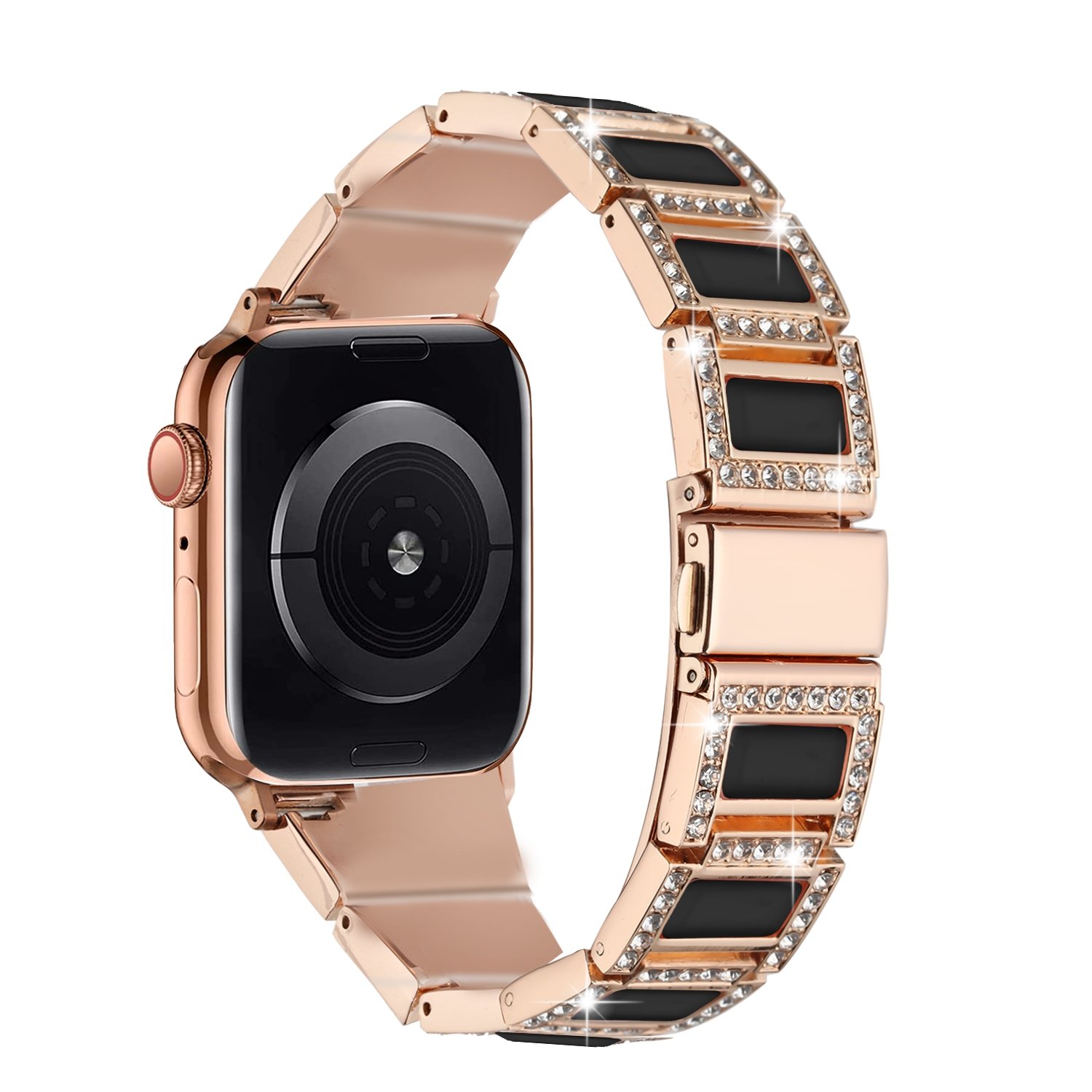 for apple watch size 38/40/41mm jewel diamond bling zinc alloy watch band rose gold+black