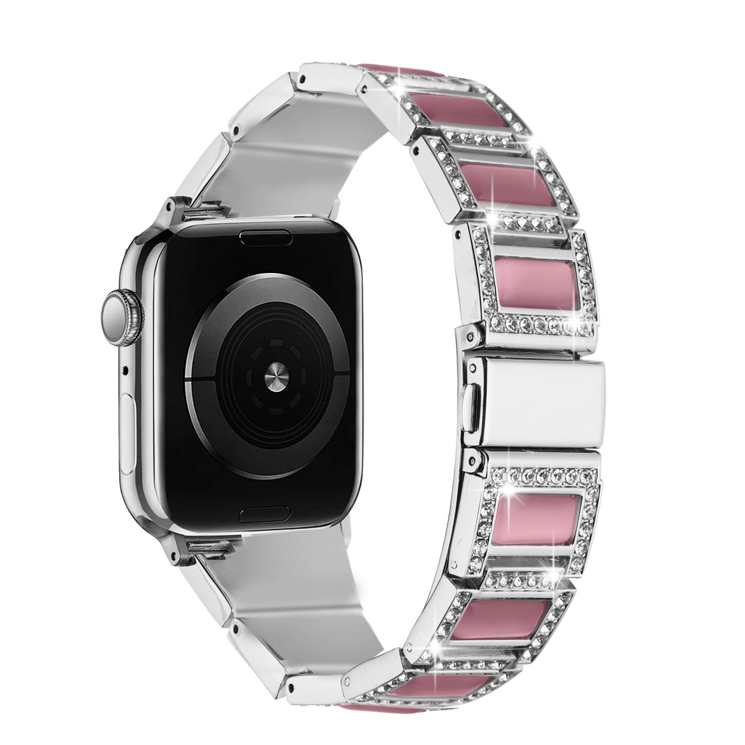 for apple watch size 38/40/41mm jewel diamond bling zinc alloy watch band silver+pink