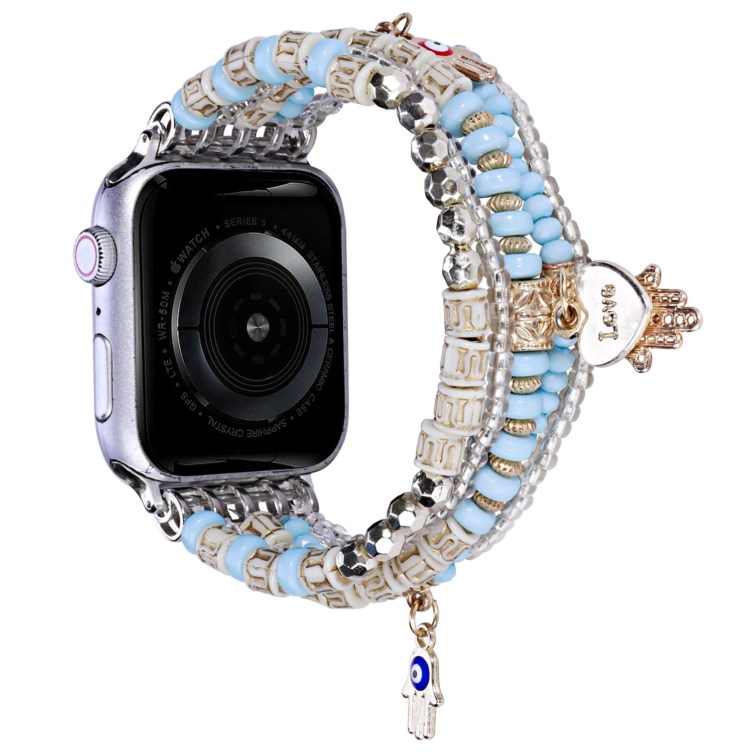for apple watch size ultra 49/42/44/45mm love pendant ornaments beads watchband light blue