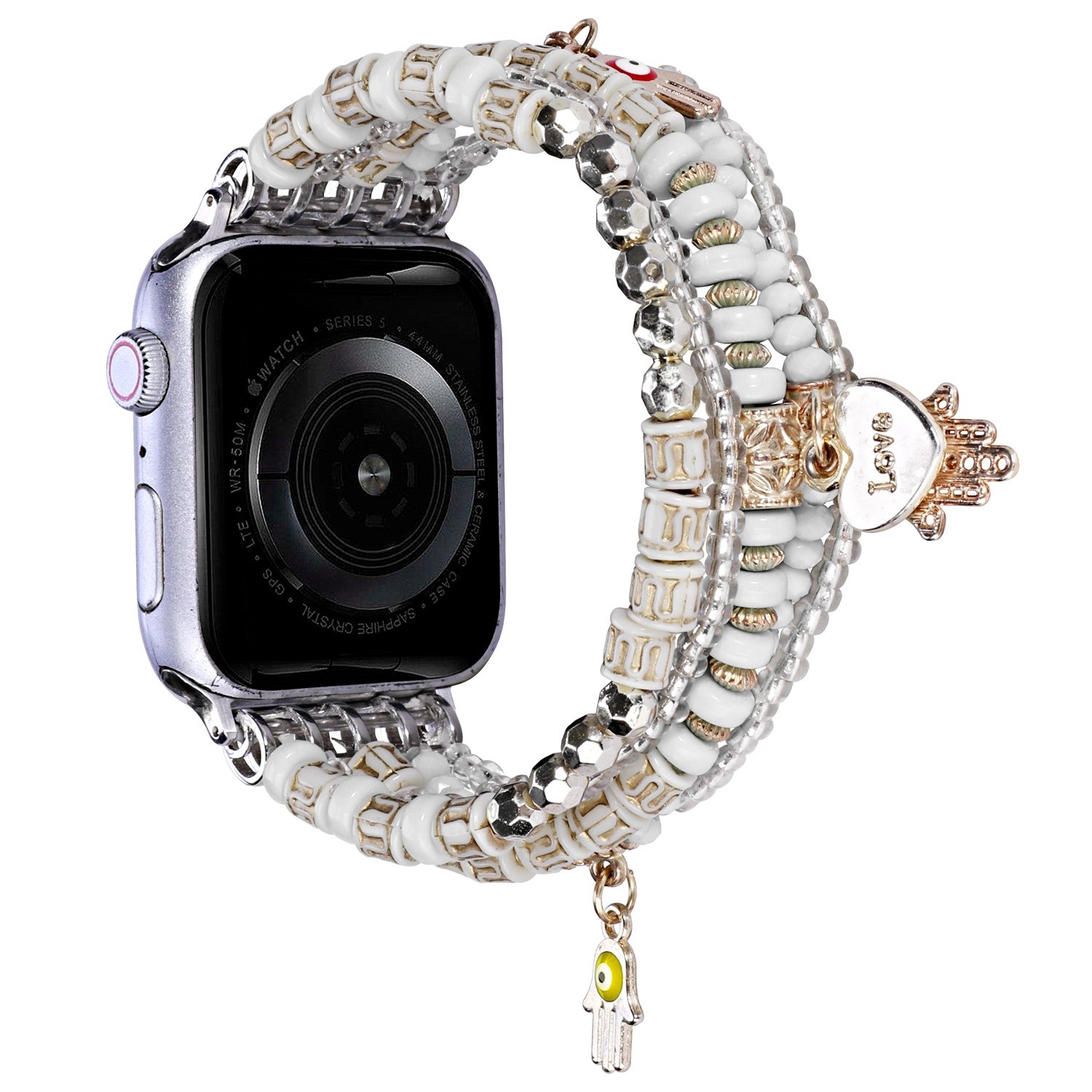 for apple watch size 38/40/41mm love pendant ornaments beads watchband white