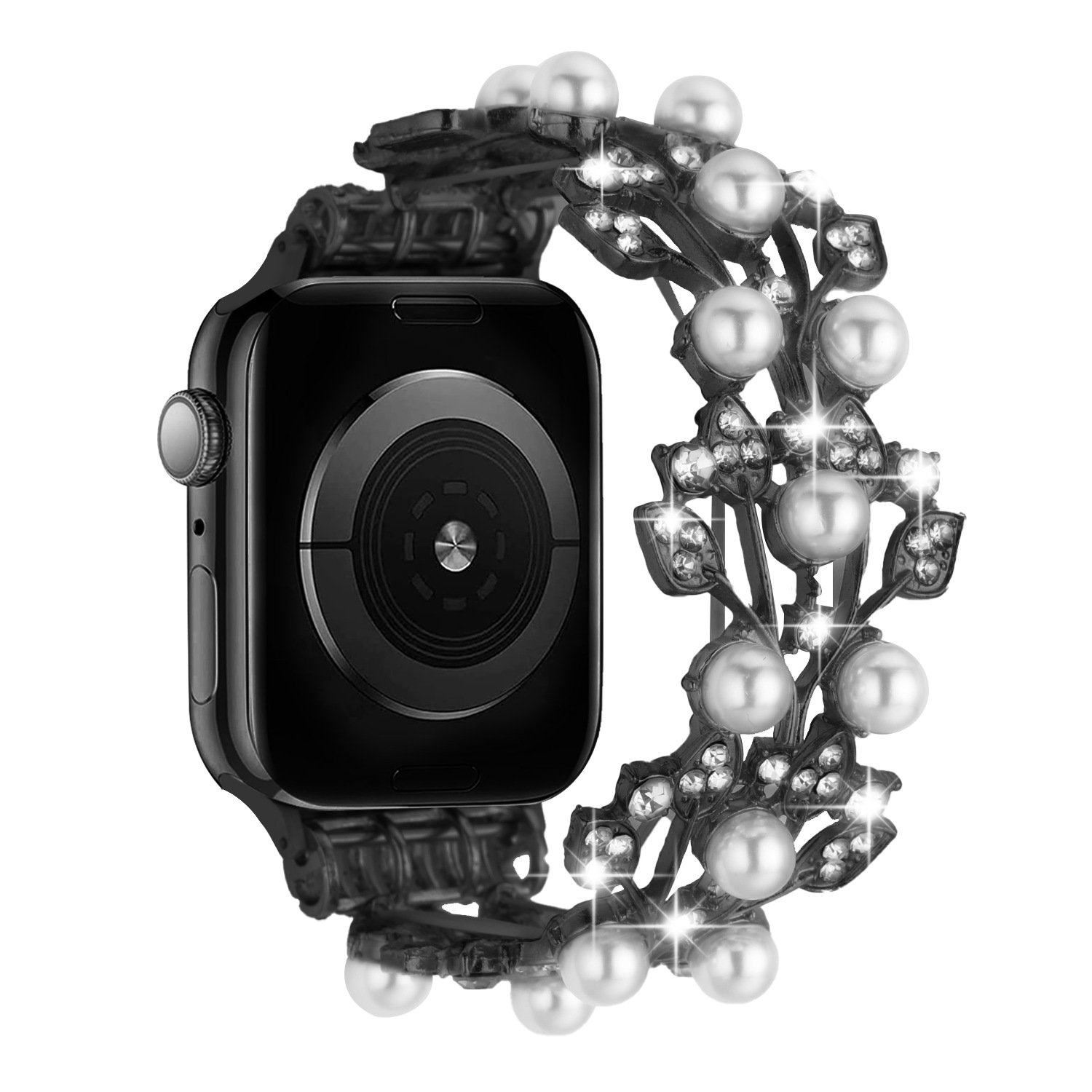 for apple watch size ultra 49/42/44/45mm pearl diamond zinc alloy watch band black