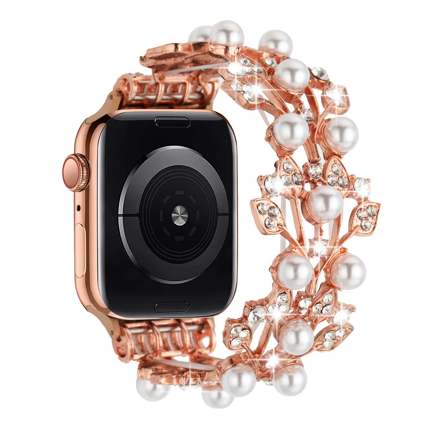 for apple watch size ultra 49/42/44/45mm pearl diamond zinc alloy watch band rose gold