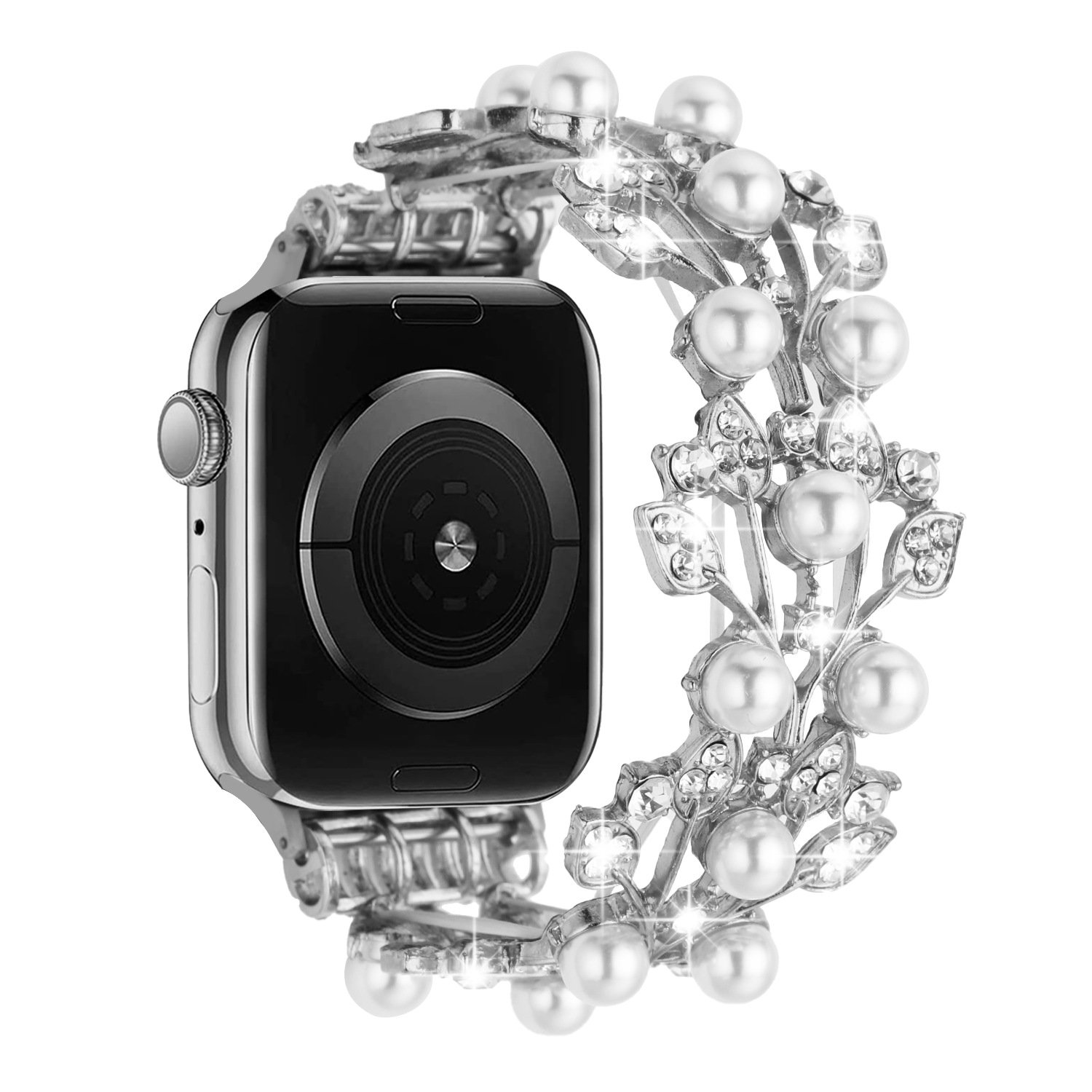 for apple watch size ultra 49/42/44/45mm pearl diamond zinc alloy watch band silver