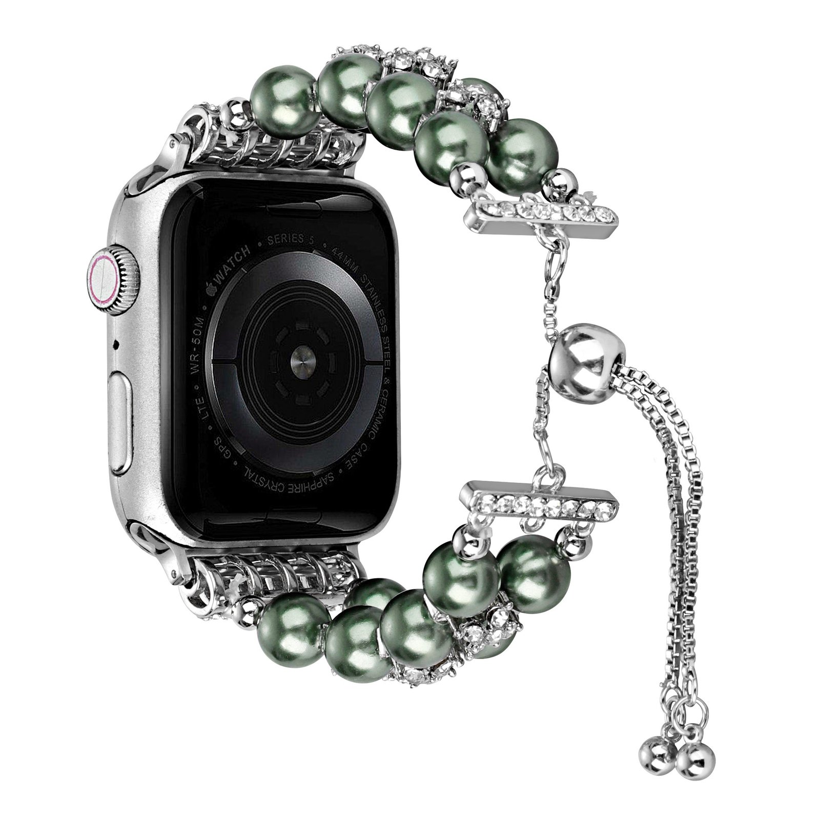 for apple watch size ultra 49/42/44/45mm pearls strand beautiful metal watchband olive green