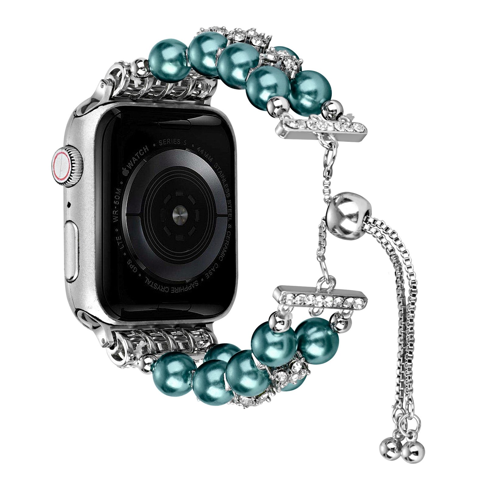 for apple watch size ultra 49/42/44/45mm pearls strand beautiful metal watchband peacock blue