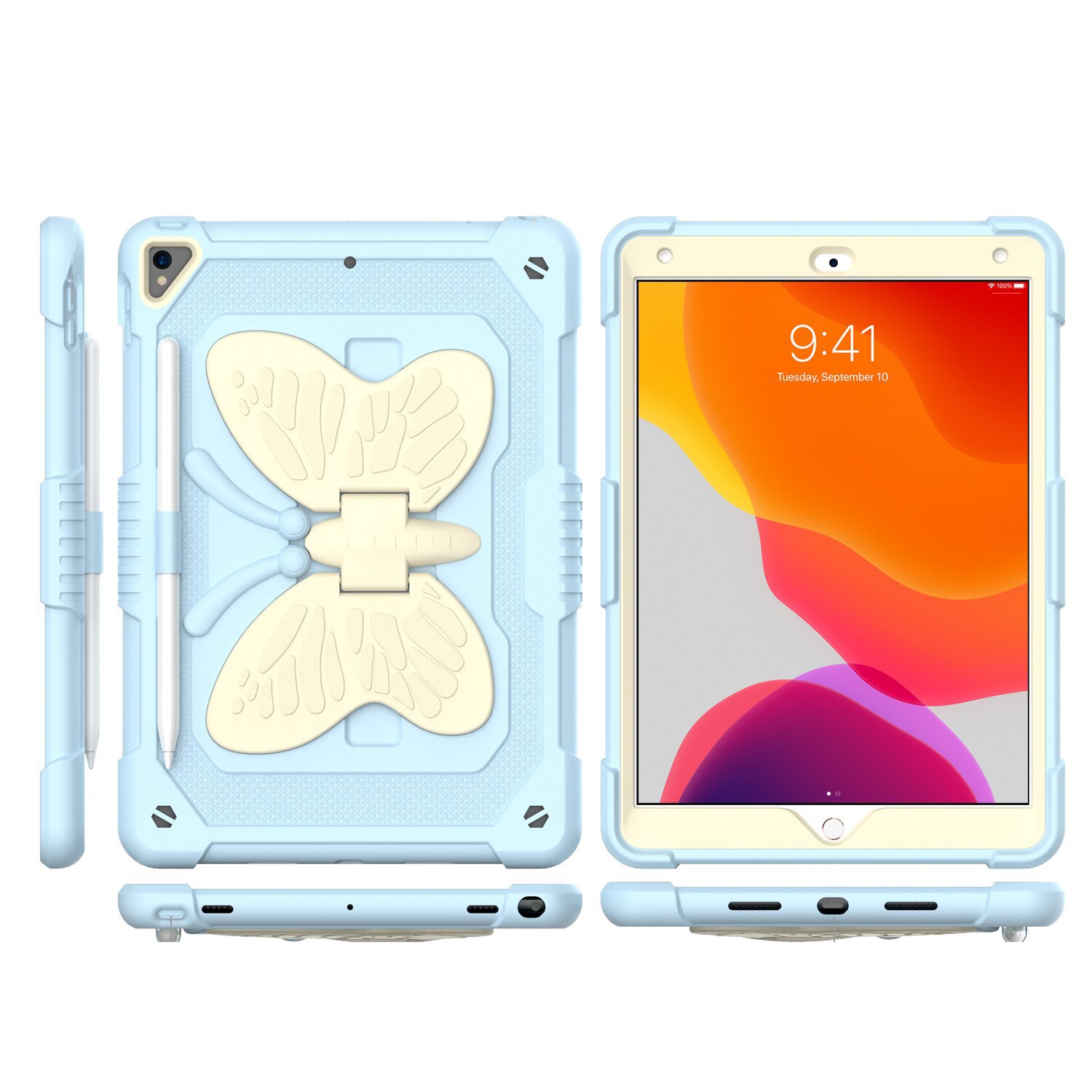 for apple ipad 9th gen 10.2 inch (2021) butterfly kickstand 3in1 tough hybrid case cover with shoulder strap light blue