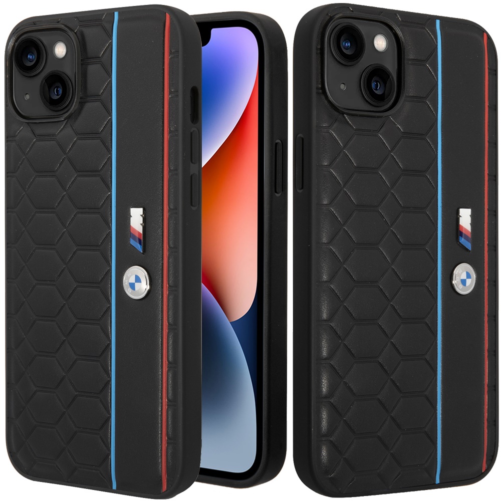 for apple iphone 14 plus (bmw) m hc pu hexo pattern & stripe black (bmw#4)