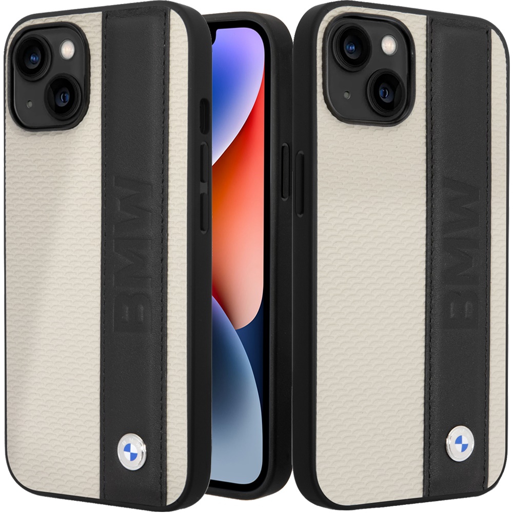 for apple iphone 14 plus (bmw) sign hc leather textured&stripe beige (bmw#11)