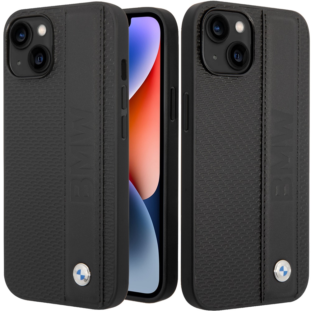 for apple iphone 14 plus (bmw) sign hc leather textured&stripe black(bmw#12)