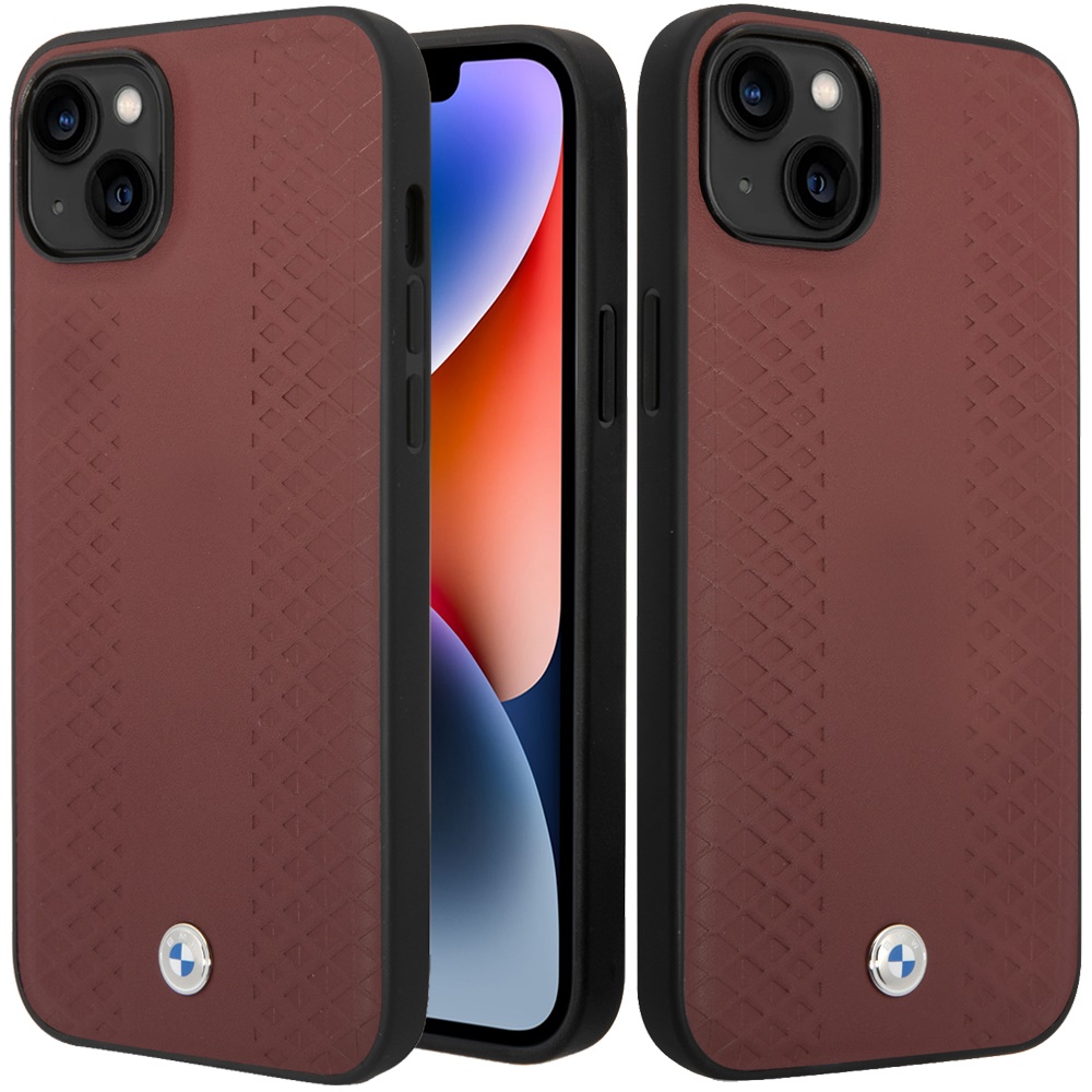 for apple iphone 14 plus (bmw) sign hc leather diamond pattern burgundy (bmw#14)