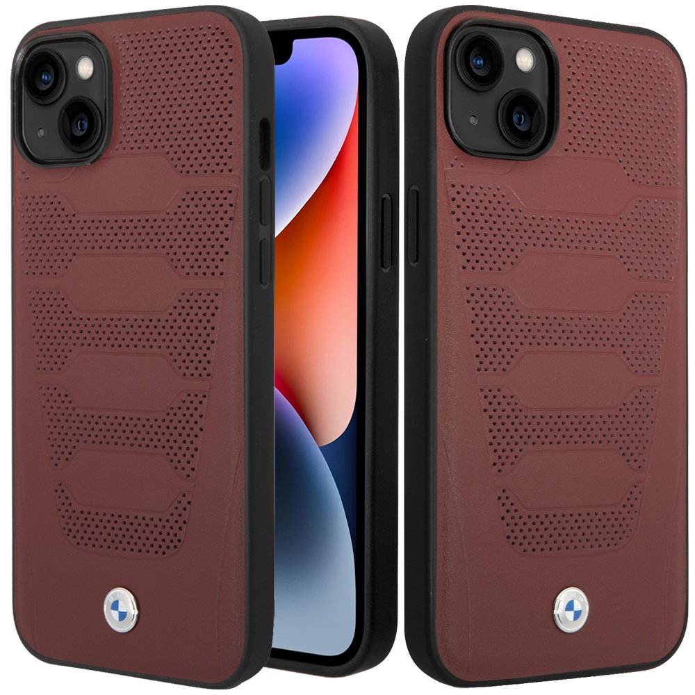 for apple iphone 14 plus (bmw) sign hc leather seats pattern burgundy (bmw#16)