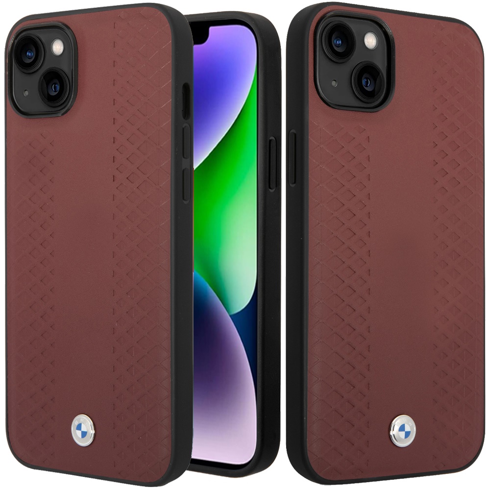 for apple iphone 14 / iphone 13 (bmw) sign hc leather diamond pattern burgundy (bmw#41)