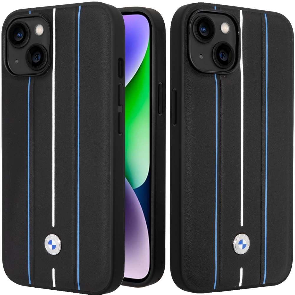 for apple iphone 14 / iphone 13 (bmw) sign hc leather hot stamp blue lines black (bmw#45)