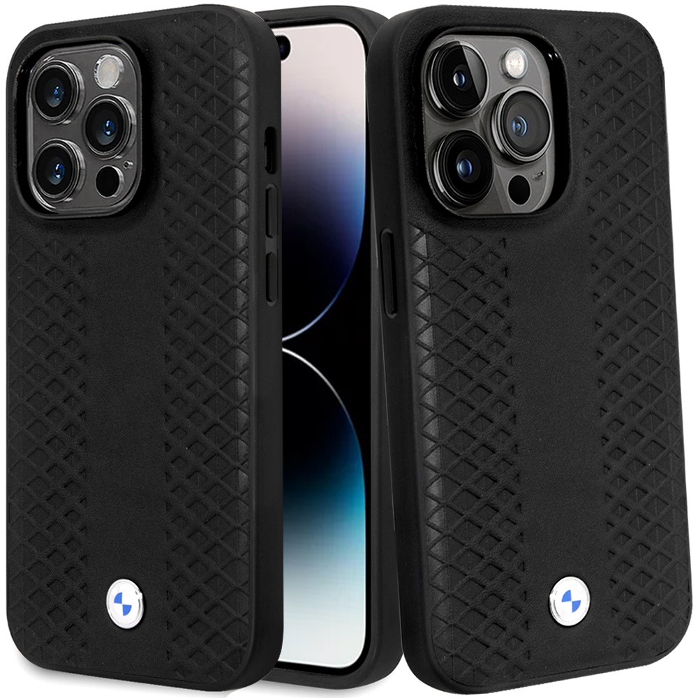 for apple iphone 14 pro max (bmw) sign hc leather diamond pattern black (bmw#21)