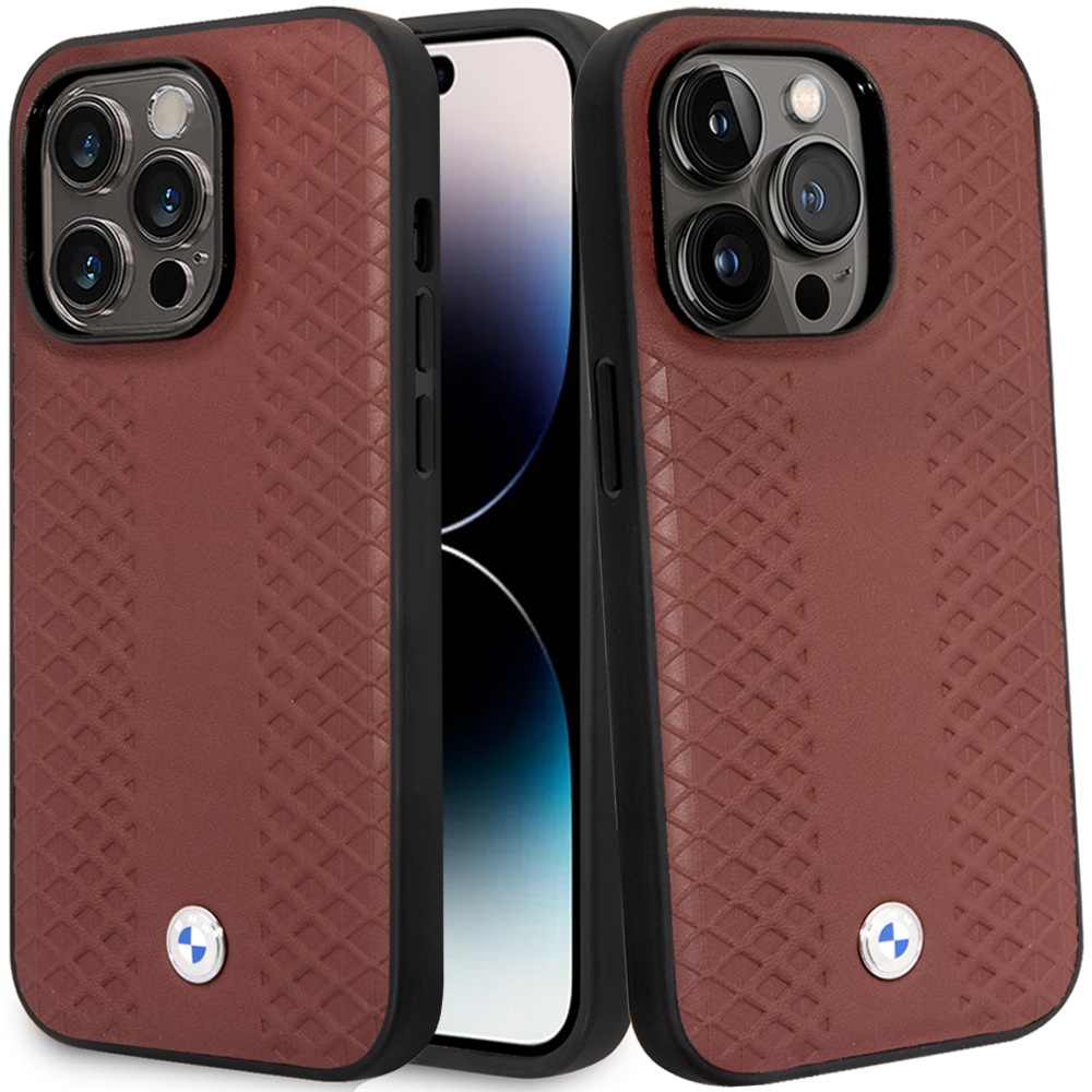 for apple iphone 14 pro max (bmw) sign hc leather diamond pattern burgundy (bmw#22)