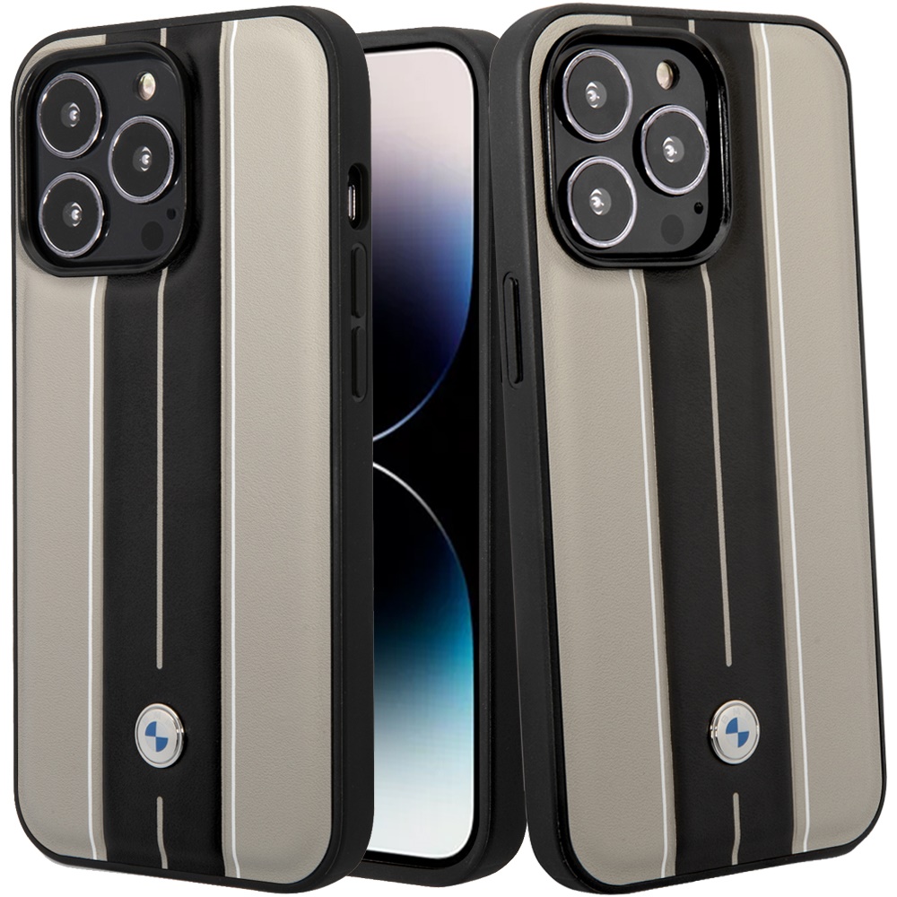 for apple iphone 14 pro max (bmw) sign hc leather hot stamp lines bicolor beige (bmw#25)