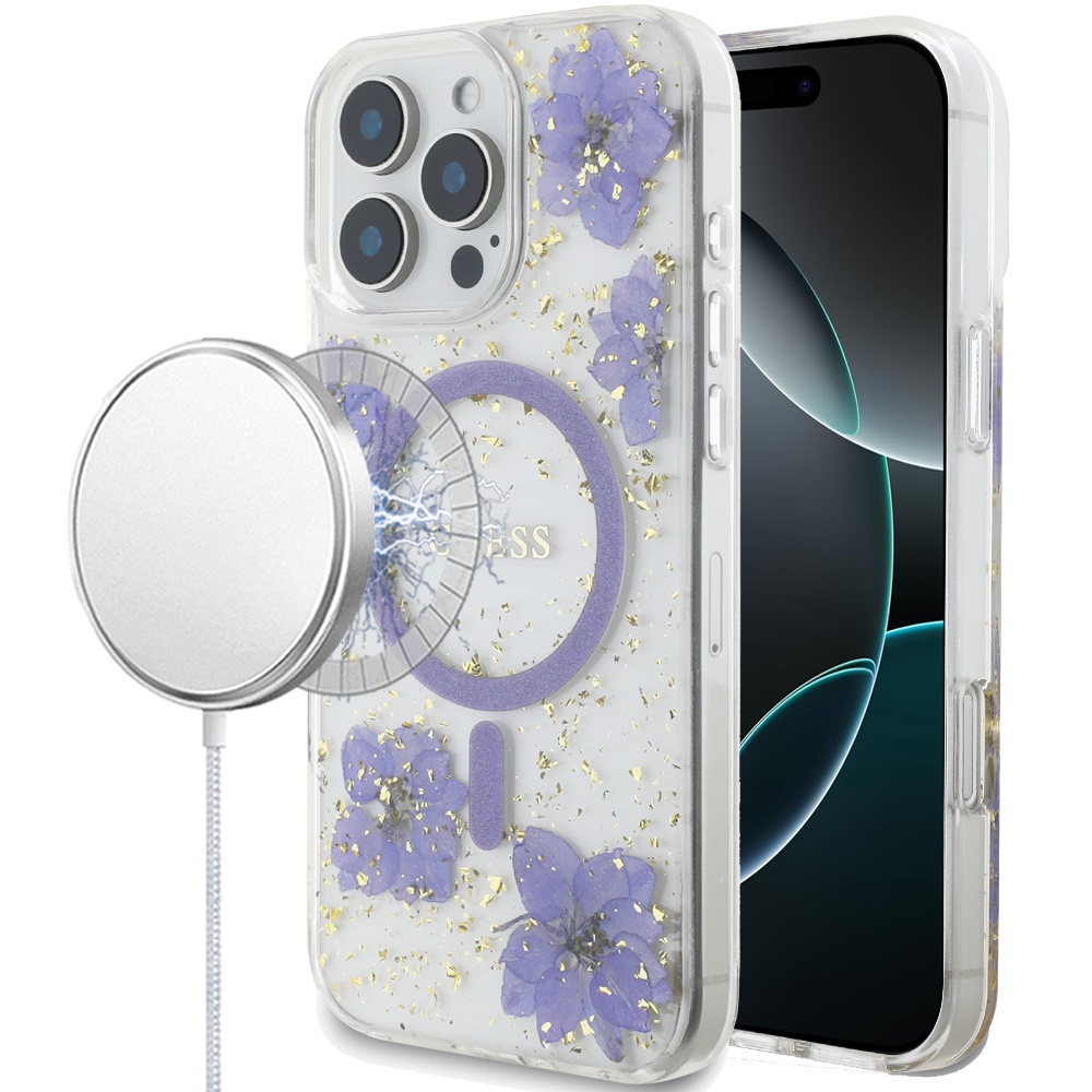 for apple iphone 16 pro (guess) hc magsafe resin flowers purple (guess#72)
