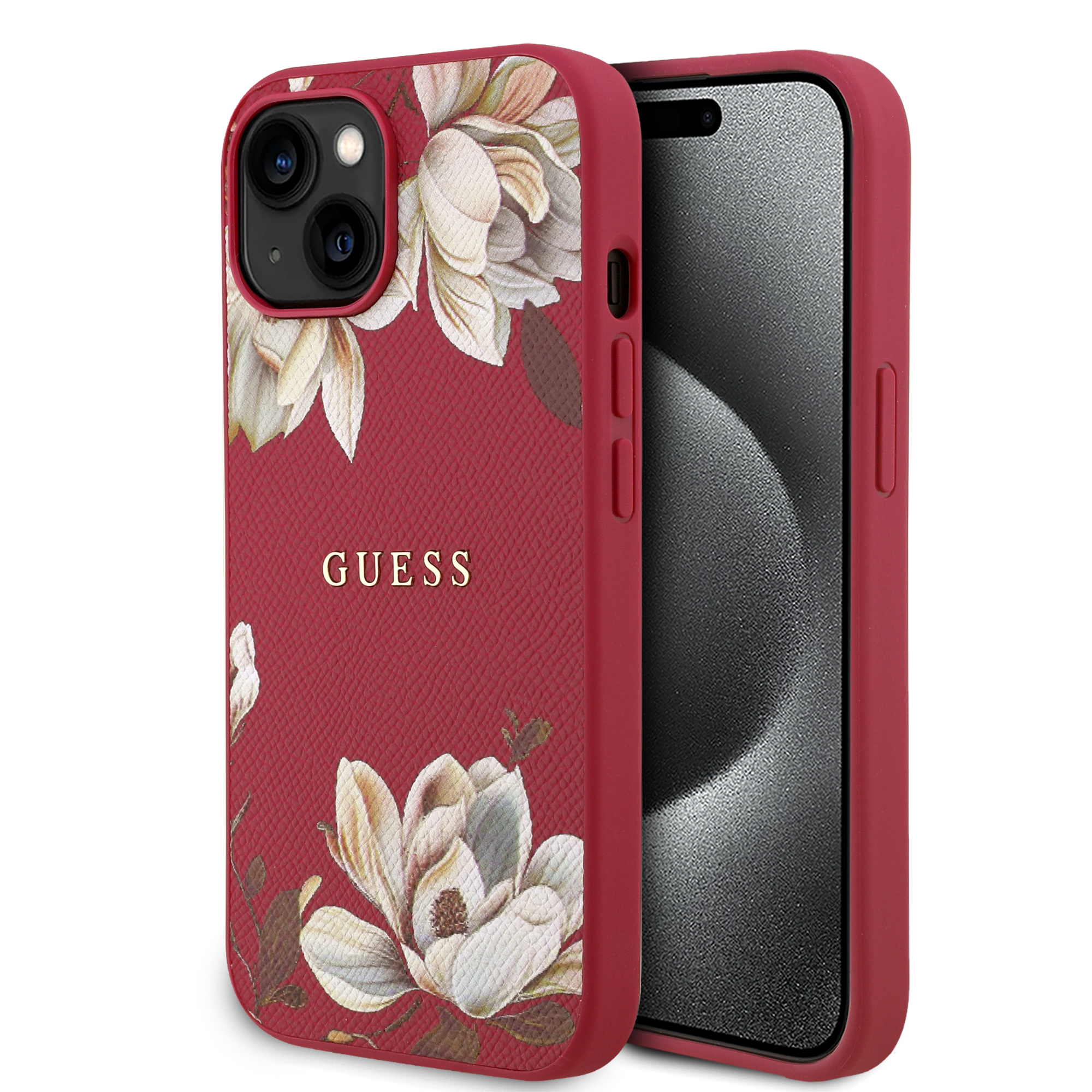 for iphone 14 guess hc o grained pu printed flowers and classic logo fuchsia (guess#157)