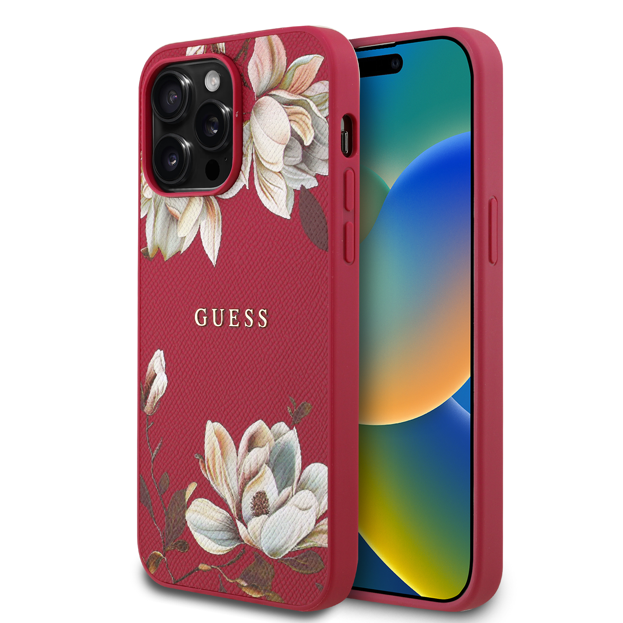 for iphone 14 pro max guess hc o grained pu printed flowers and classic logo fuchsia (guess#169)