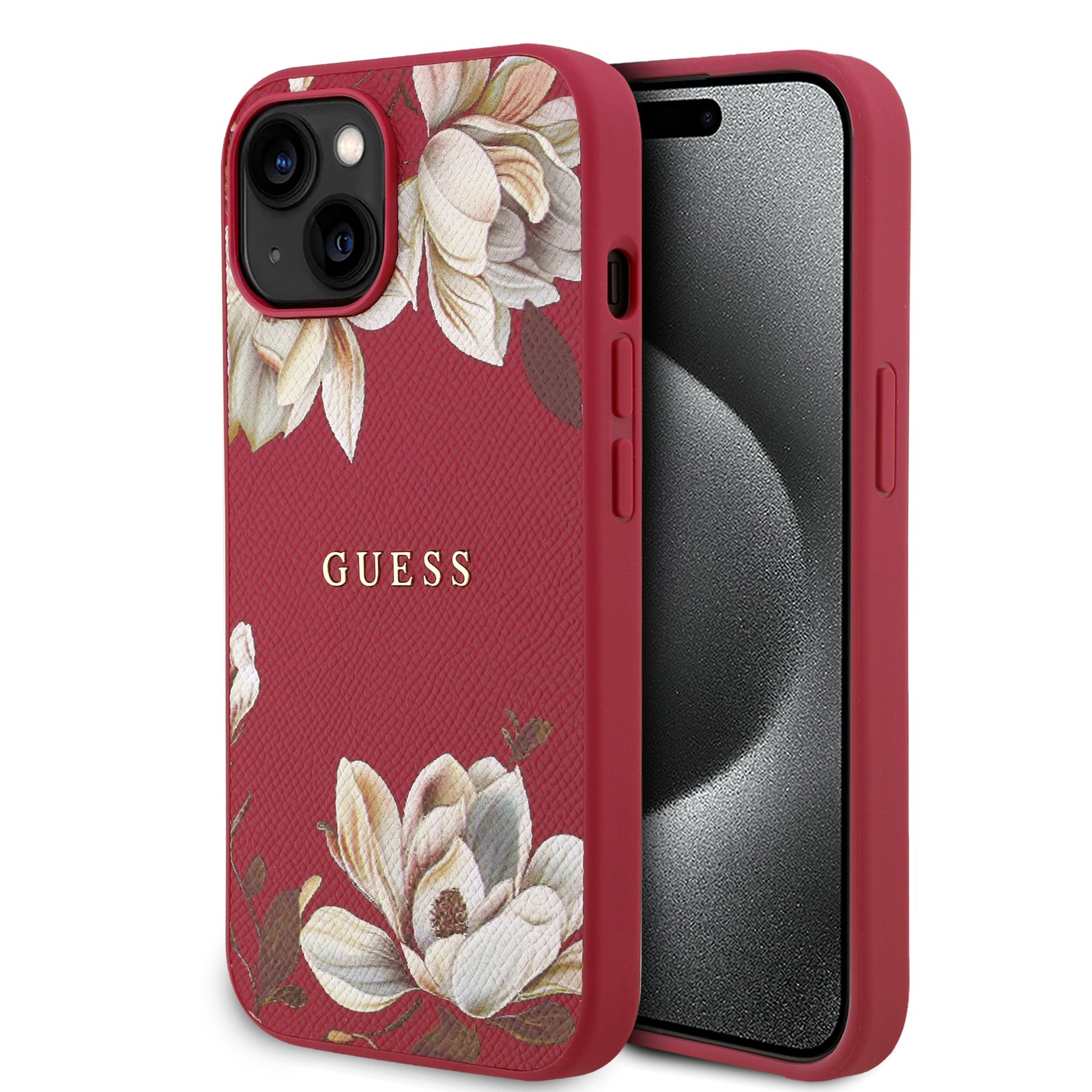 for iphone 15 guess hc o grained pu printed flowers and classic logo fuchsia (guess#184)
