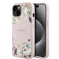 for iphone 15 guess hc o grained pu printed flowers and classic logo pink (guess#185)