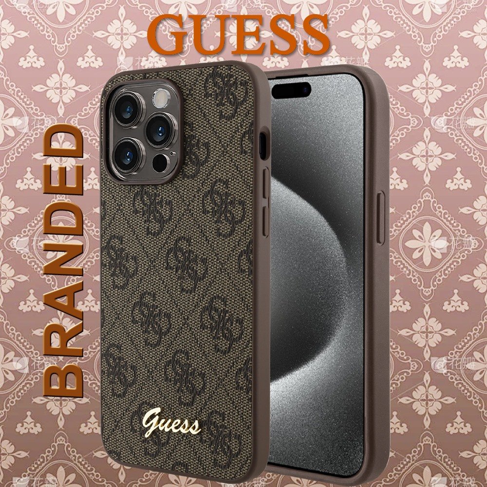 for ip 15 pro max guess script logo brown
