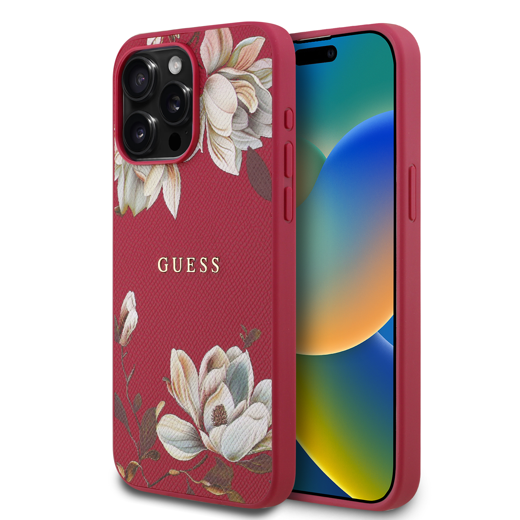for iphone 15 pro max guess hc o grained pu printed flowers and classic logo fuchsia (guess#195)