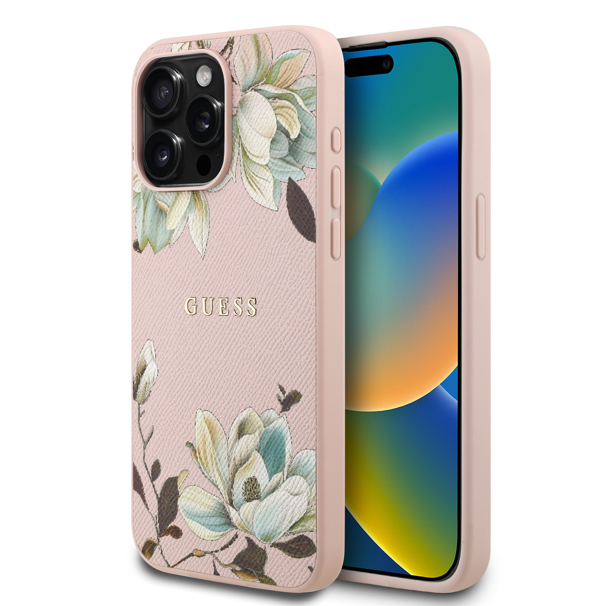 for iphone 15 pro max guess hc o grained pu printed flowers and classic logo pink (guess#196)