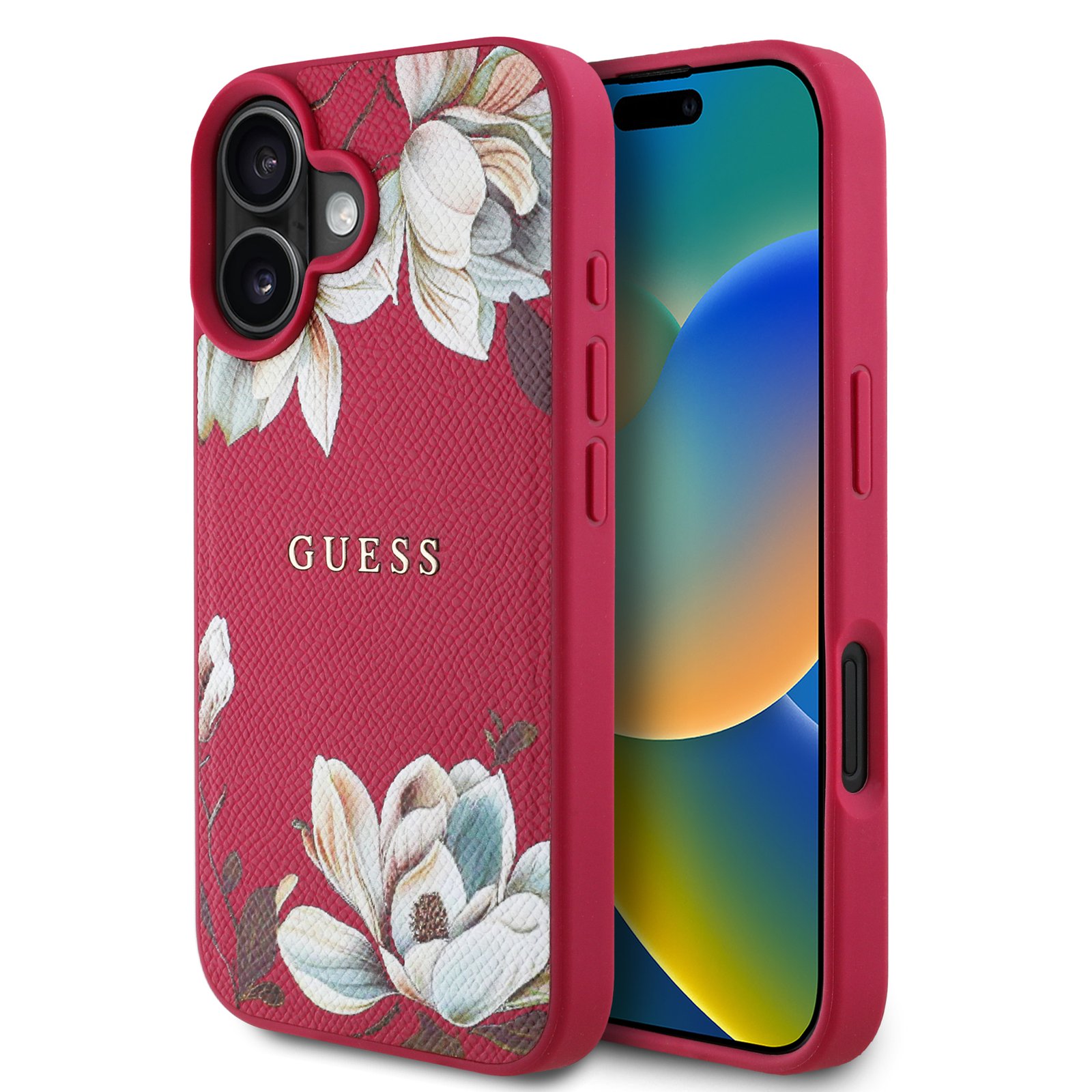for iphone 16 guess hc o grained pu printed flowers and classic logo fuchsia (guess#204)