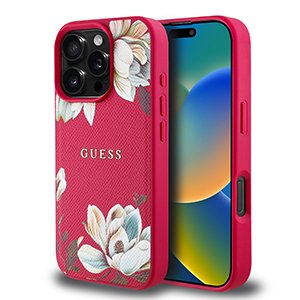 for iphone 16 pro max guess hc o grained pu printed flowers and classic logo fuchsia (guess#211)