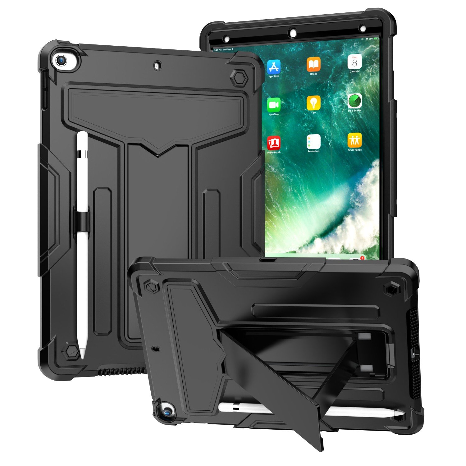 for apple ipad 9th 8th 7th gen 10.2 inch tablet vertical 3in1 tough hybrid kickstand black/black