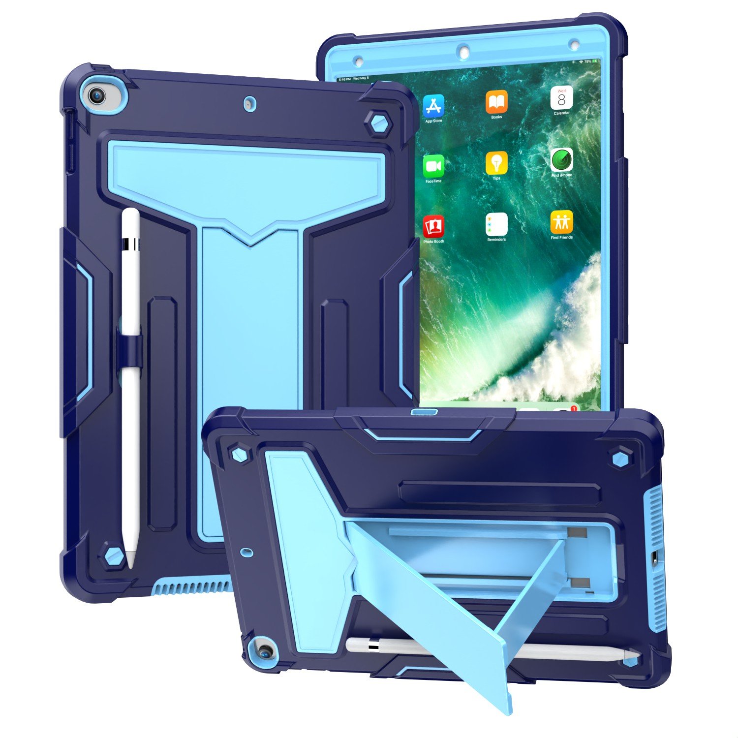 for apple ipad 9th 8th 7th gen 10.2 inch tablet vertical 3in1 tough hybrid kickstand navyblue/blue
