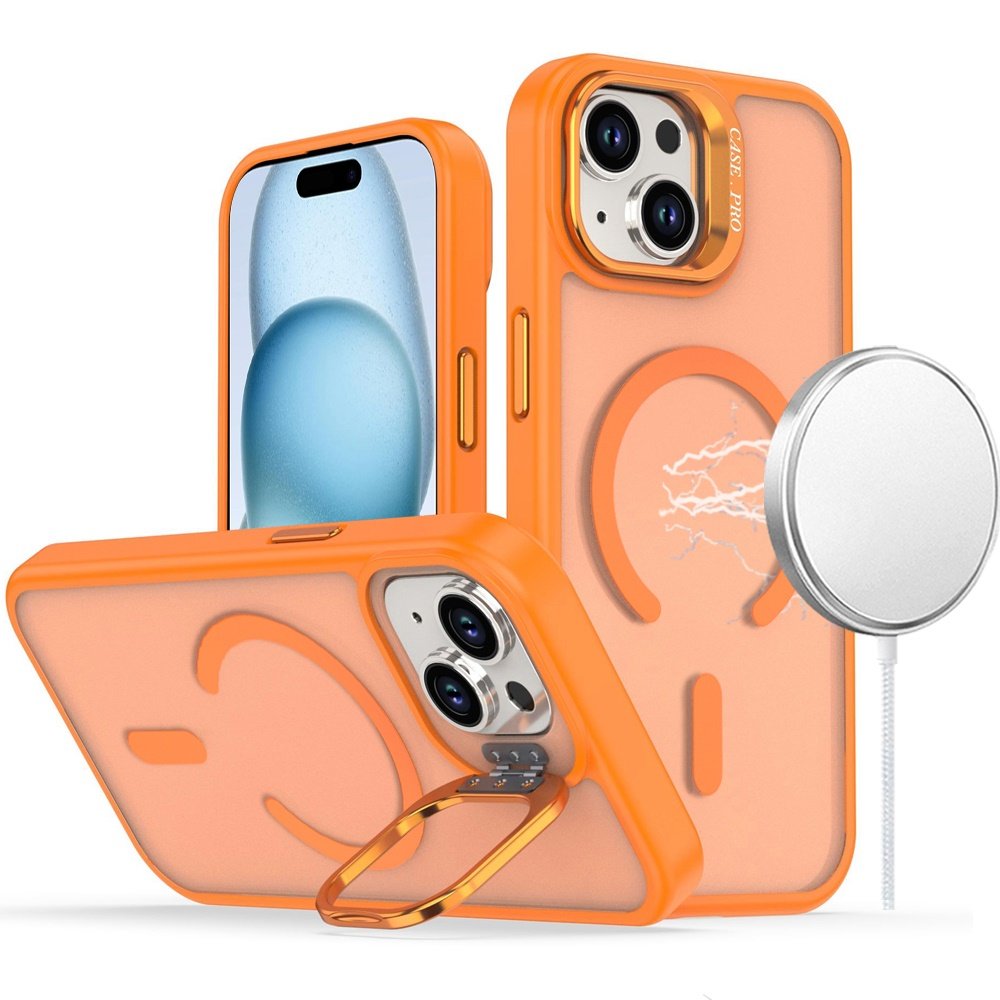 for iphone 15 plus/iphone 14 plus magnetic matte camera metallic stand hybrid case cosmic orange
