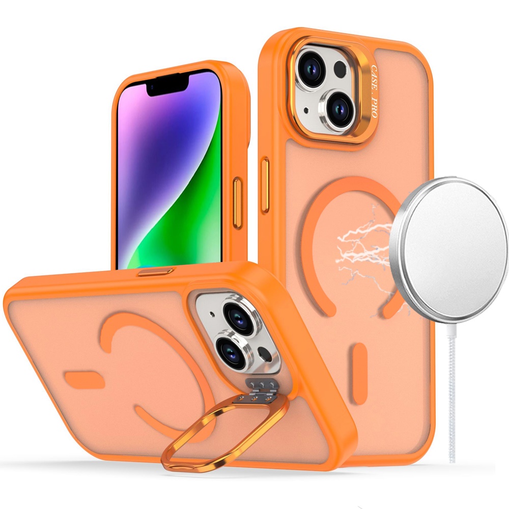 for iphone 13/14 magnetic matte camera metallic stand hybrid case cosmic orange